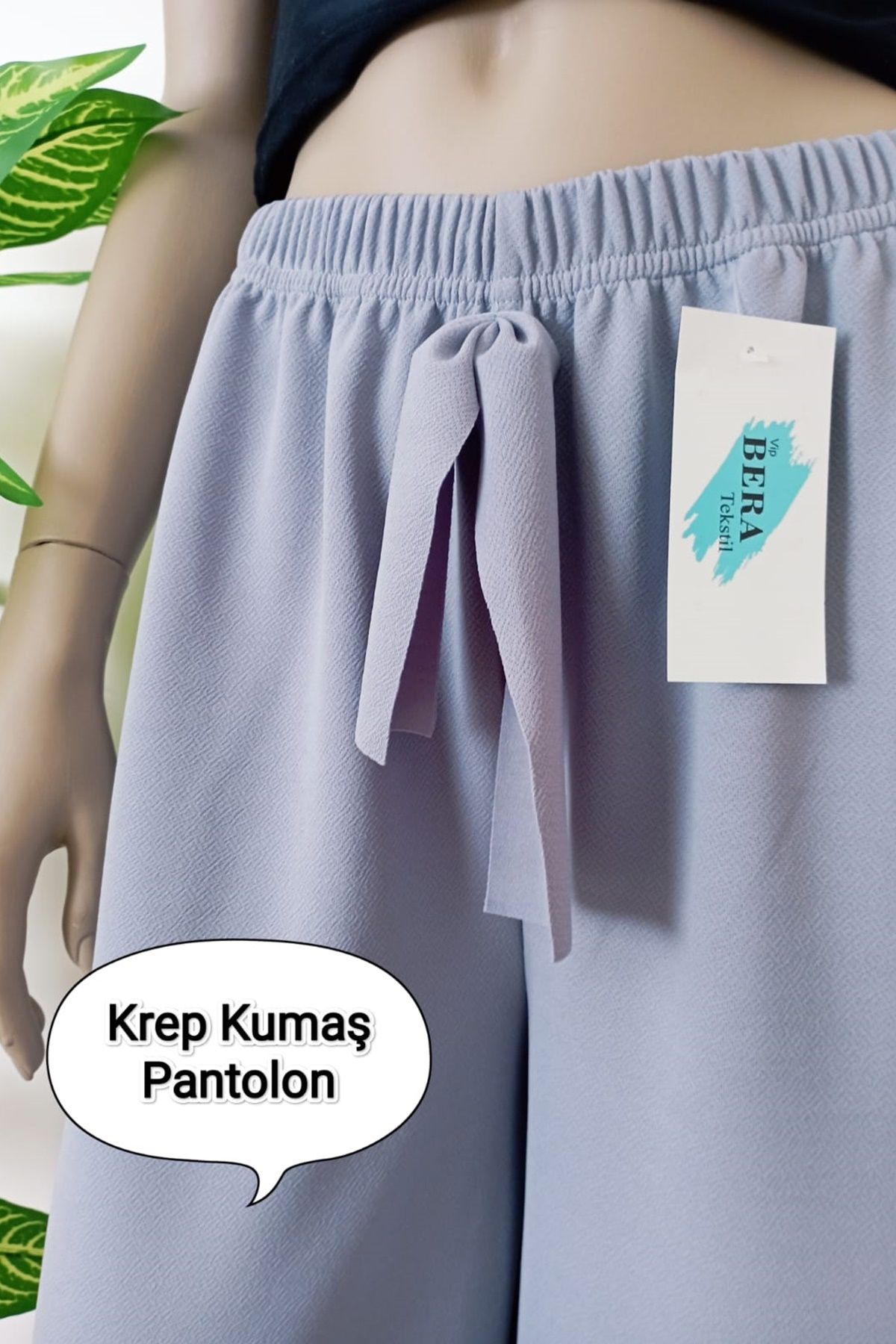 VİP BERA TEKSTİL Kadın Gri Dökümlü Krep Kumaş Beli Lastikli Bol Paça Pantolon