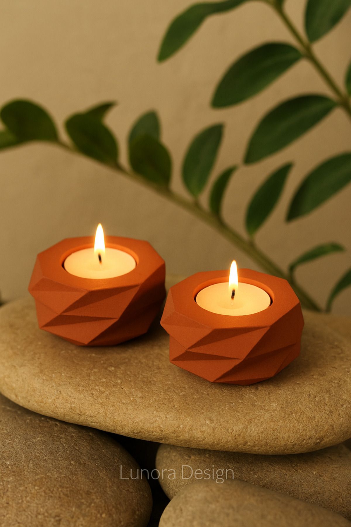 Lunora Design Kiremit Rengi Geometrik Beton Mumluk 2'li Set