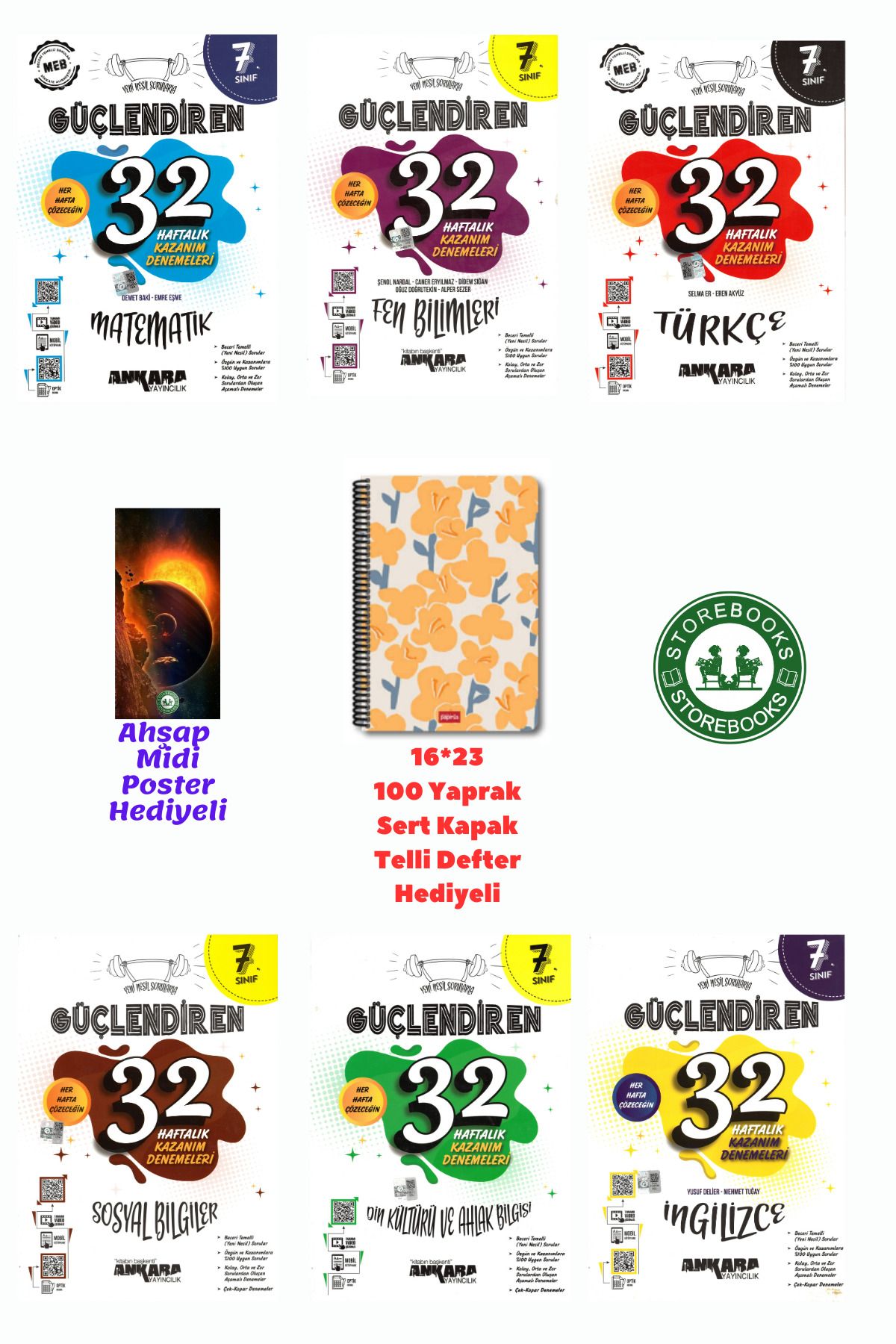 Ankara Yayıncılık 7. Sınıf Güçlendiren Tüm Dersler 32 Haftalık Deneme Seti+Defter ve Ahşap Poster Hediyeli