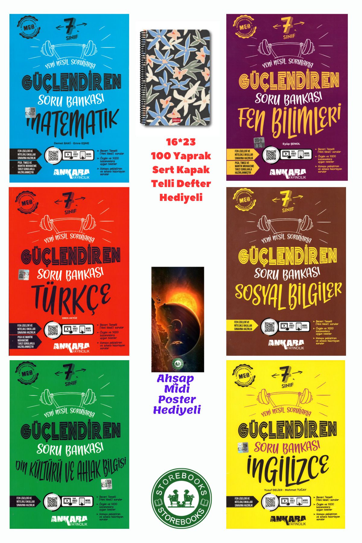 Ankara Yayıncılık 7. Sınıf Güçlendiren Mat+Fen+Türkçe+Sosyal+Din ve İngilizce Soru +Defter ve Ahşap Poster Hediyeli