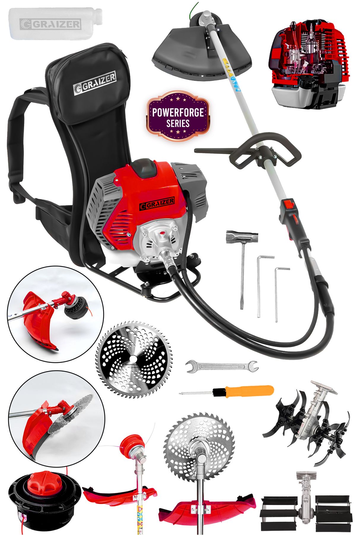 Graizer Powerforge 58 Cc 11000 Rpm Sırt Tipi Benzinli Çalı Çim Biçme Tırpan Akrobat-Palet Çapa-Krmzı
