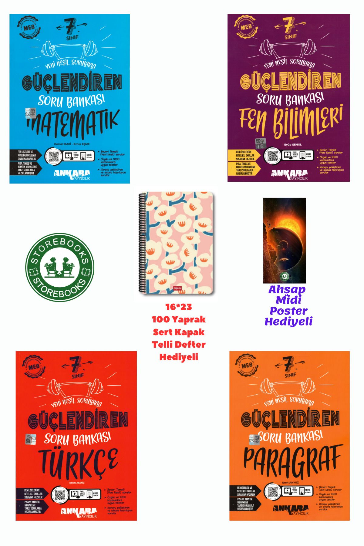 Ankara Yayıncılık 7. Sınıf Güçlendiren Matematik+Fen+Türkçe+Paragraf Soru Bankası Seti+Defter ve Ahşap Poster Hediyeli