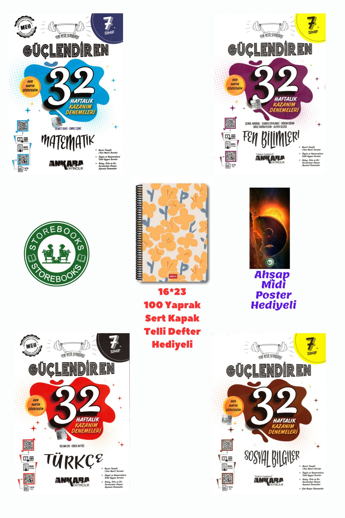 Ankara Yayıncılık 7. Sınıf Güçlendiren Mat+Fen+Türkçe+Sosyal 32 Haftalık Deneme Seti+Defter ve Ahşap Poster Hediyeli