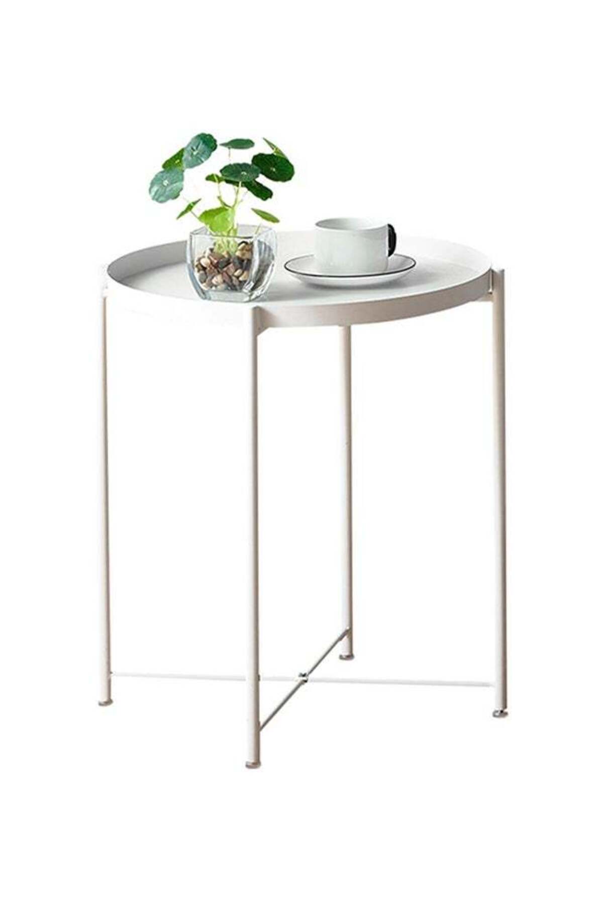 طاولة مستديرة بجانب السرير، طاولة أريكة، أثاث أبيض، 52×47.5×47.5 سم