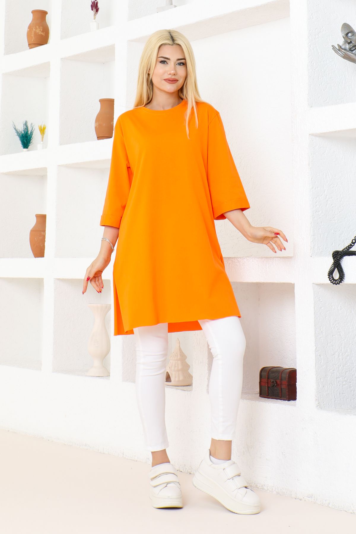 nacar çarşı Kadın Turuncu Oversize Tunik Tişört – Yarım Kollu, Yuvarlak Yaka, Rahat Kesim