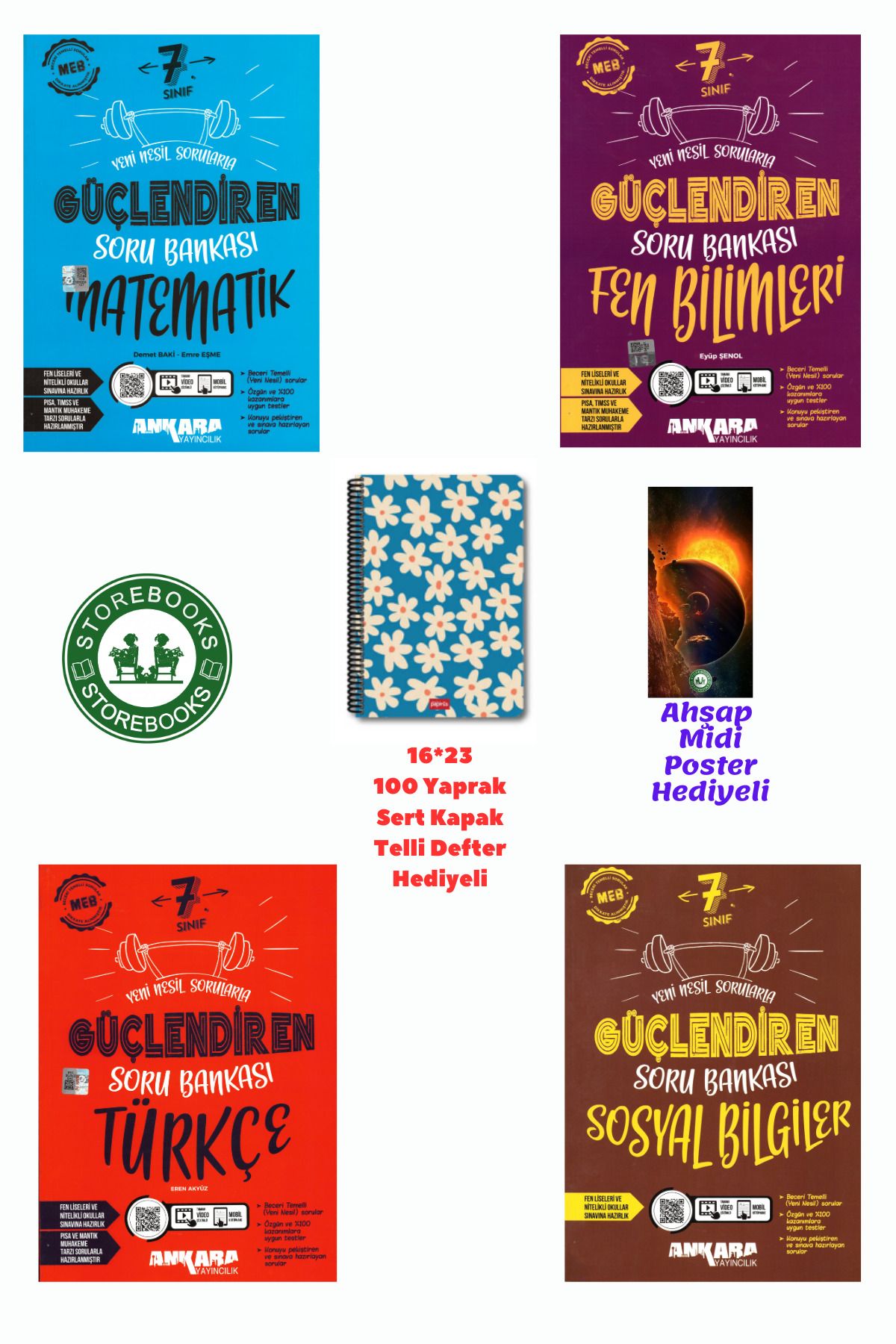 Ankara Yayıncılık 7. Sınıf Güçlendiren Matematik+Fen+Türkçe+Sosyal Soru Bankası Seti+Defter ve Ahşap Poster Hediyeli