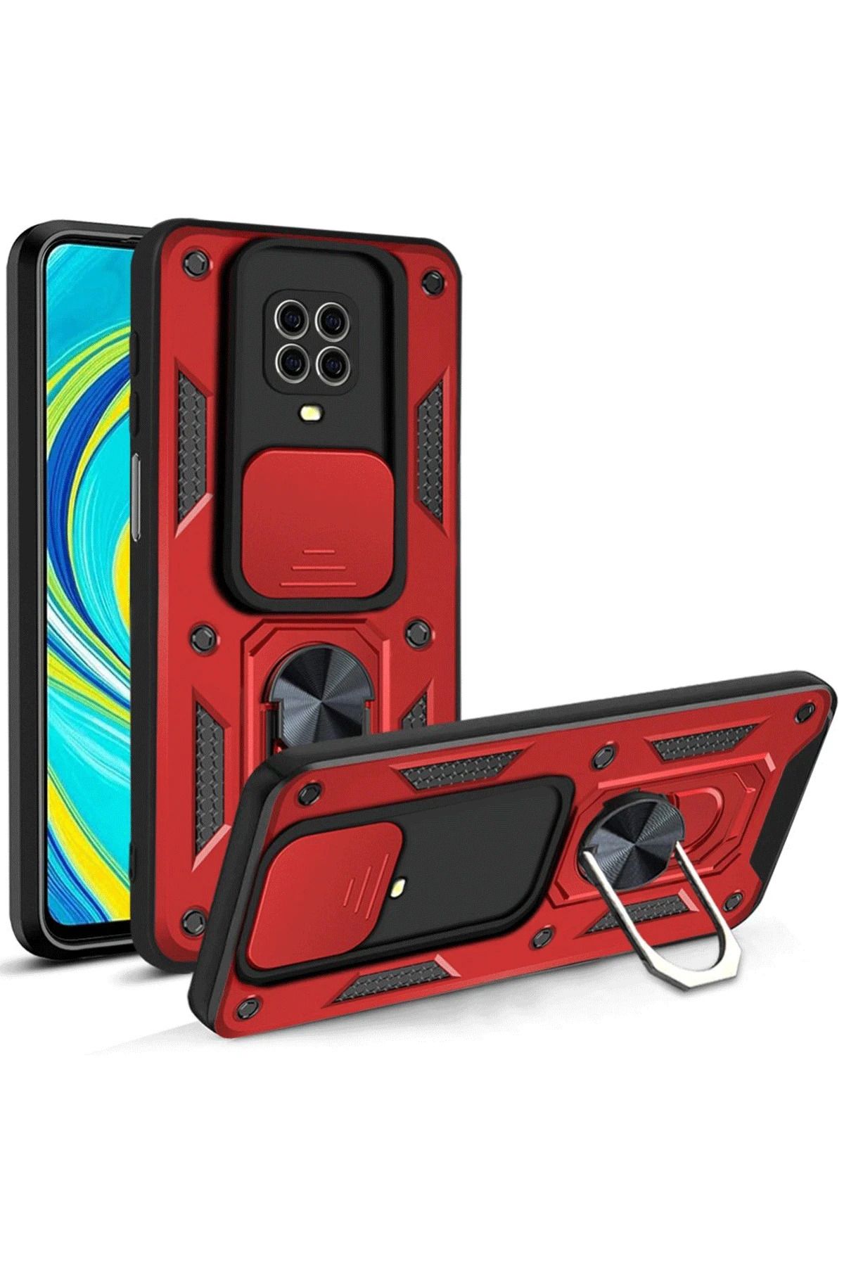NewFace Xiaomi Redmi Note 9 Pro Kılıf Pars Lens Yüzüklü Silikon - Kırmızı MRAYD