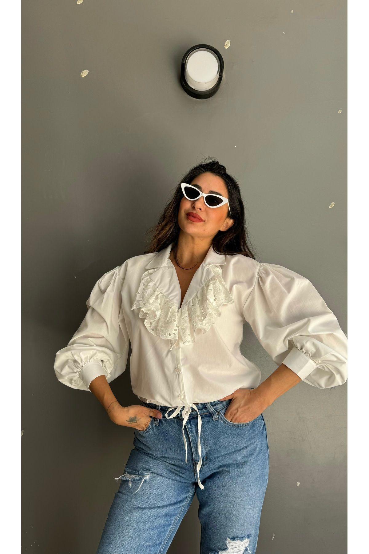 Butik Karpuz kollu fırfır yakalı gömlek
