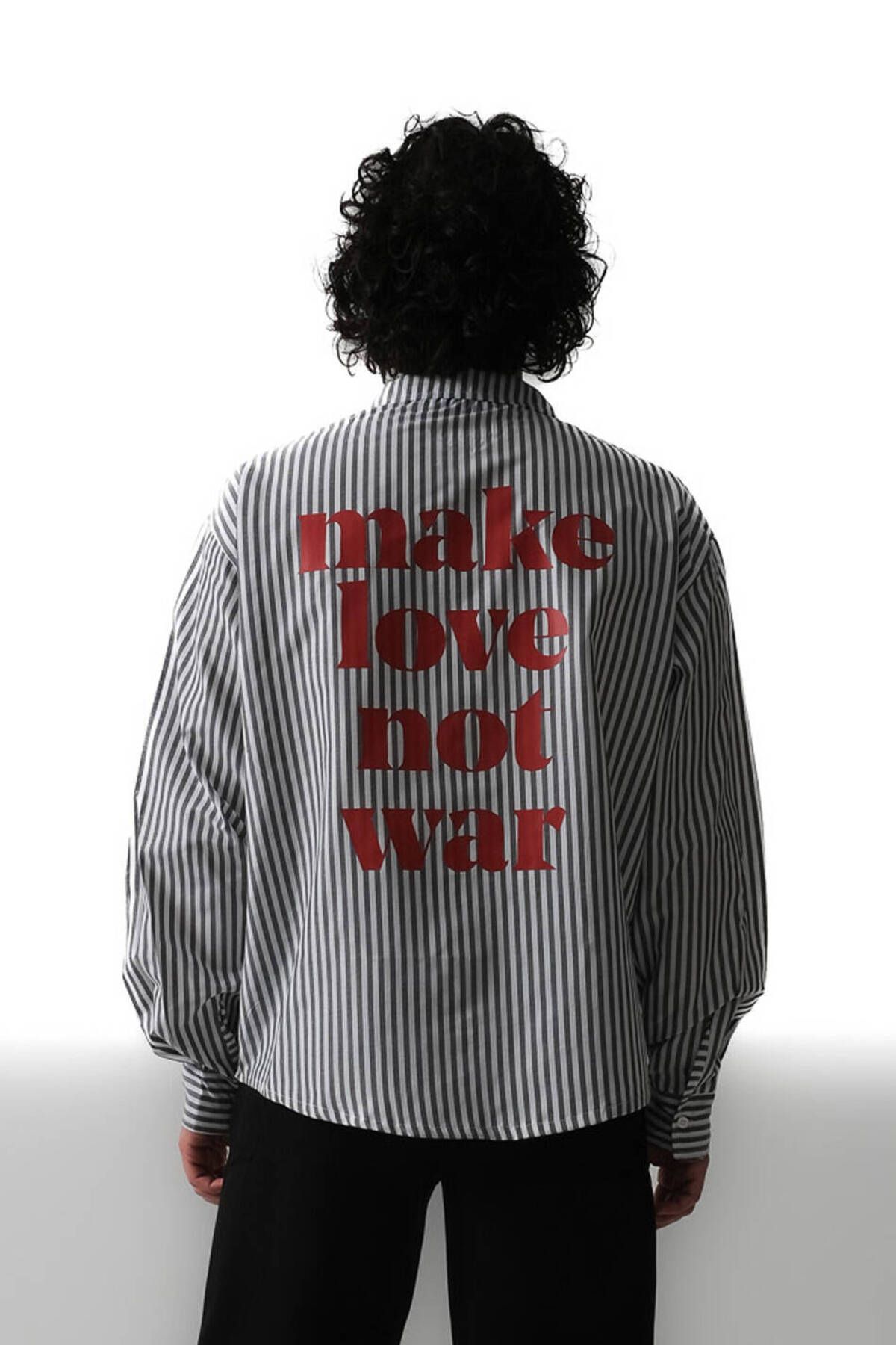 1887CLO Make Love Antrasit Çizgili Oversize Gömlek