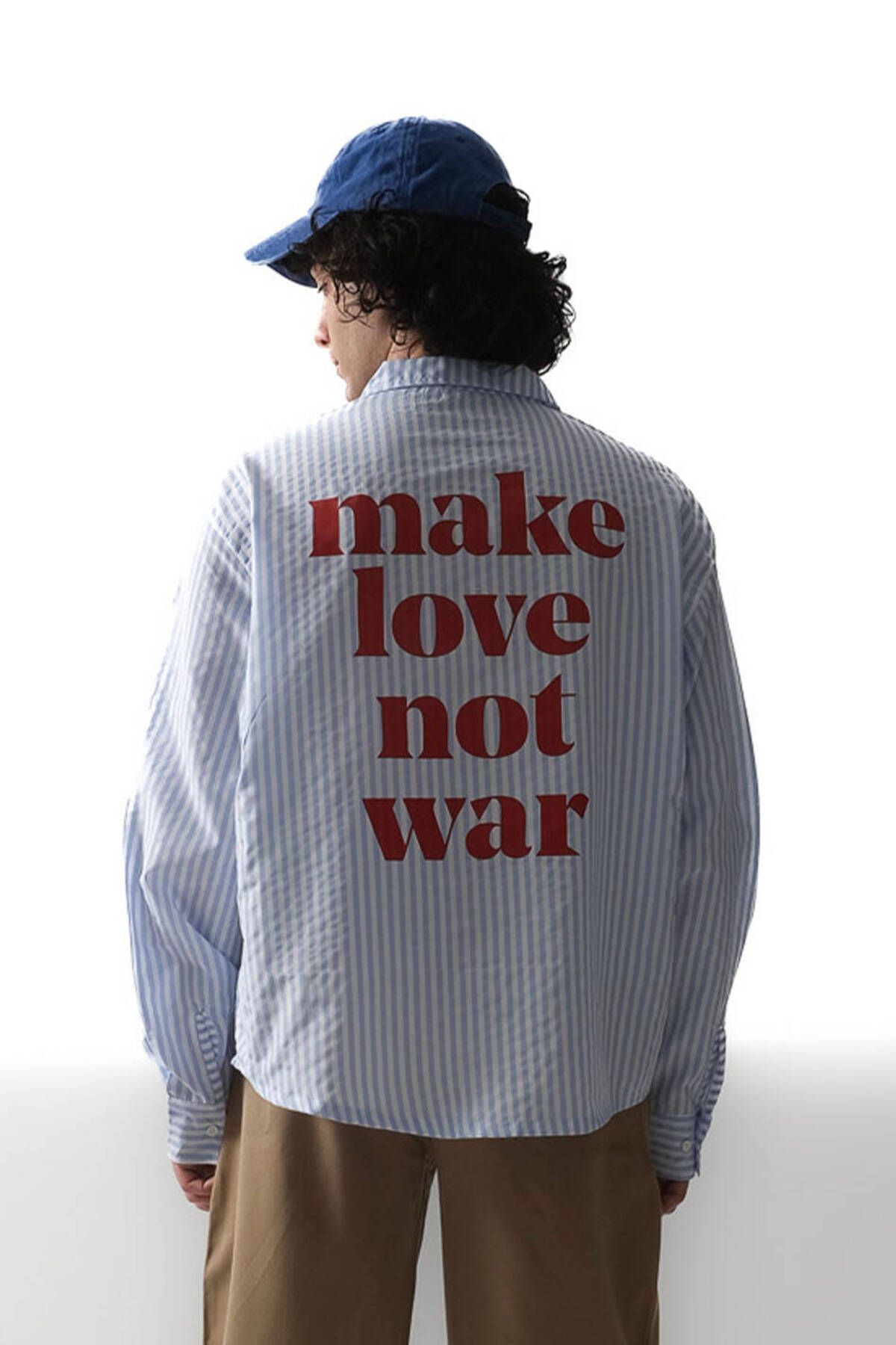 1887CLO Make Love Açık Mavi Çizgili Oversize Gömlek