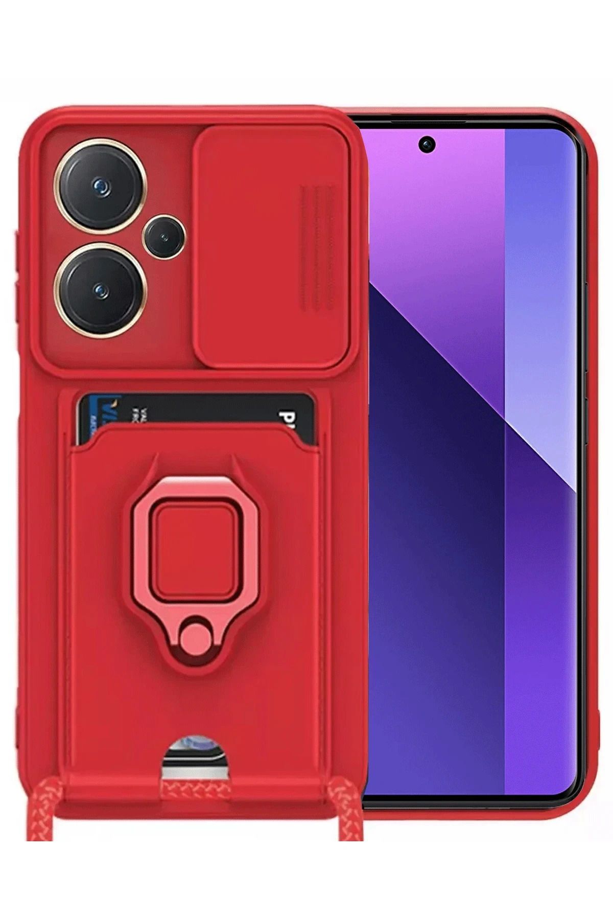 NewFace Xiaomi Redmi Note 13 Pro Plus Kılıf Zuma Kartvizitli Yüzüklü Silikon - Kırmızı MRAYD