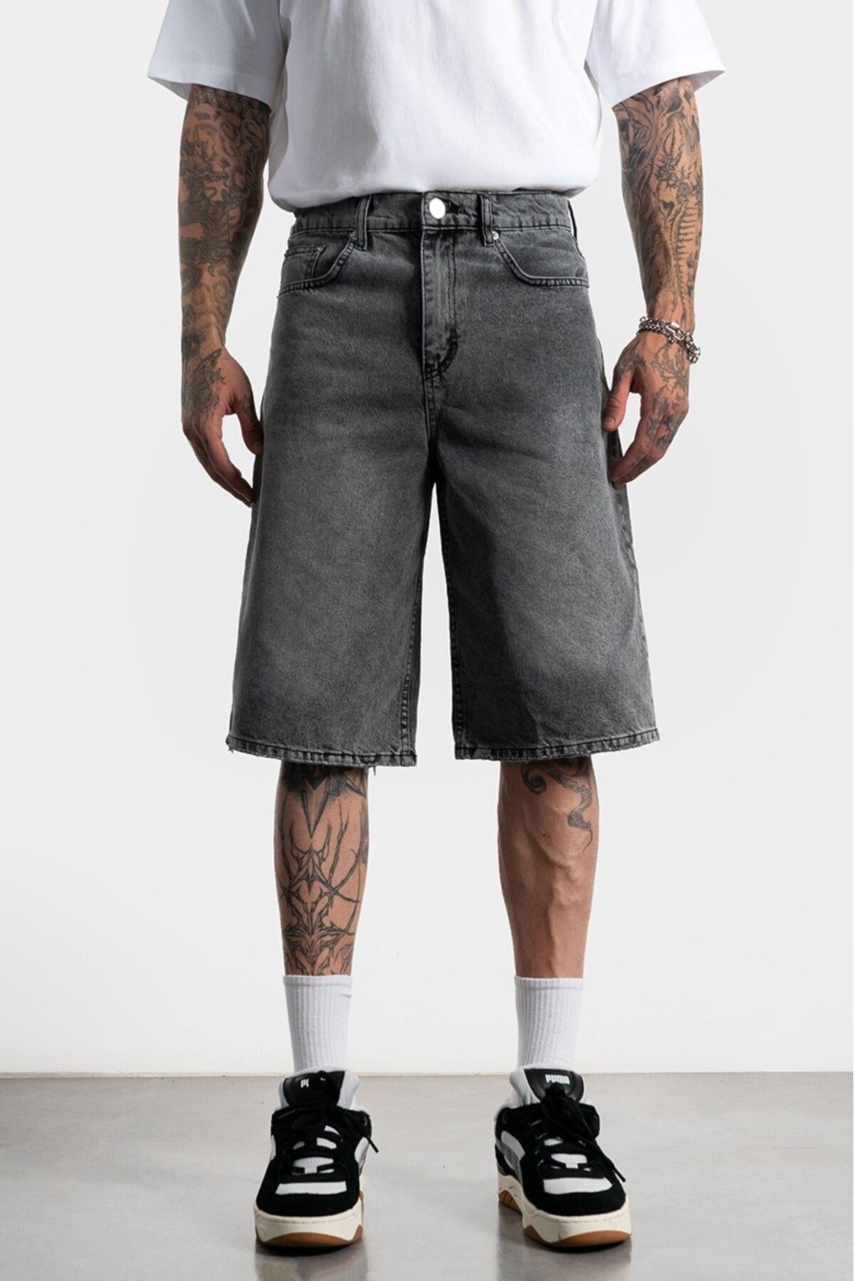 Alux Washed Gri Baggy Jean Erkek Şort
