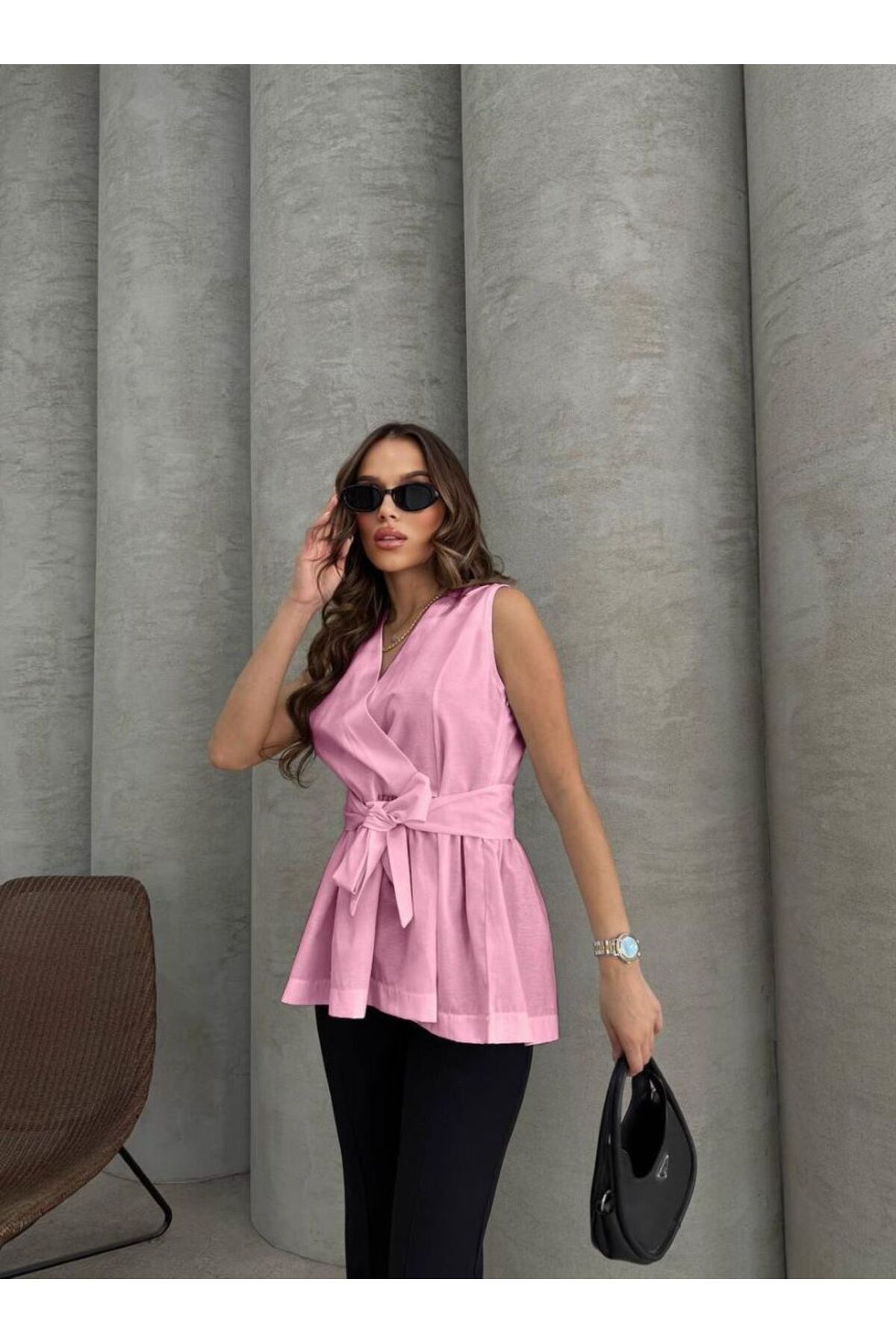 jennyfer garment İTHAL DAKRON KUMAŞ KUŞAKLI BLUZ