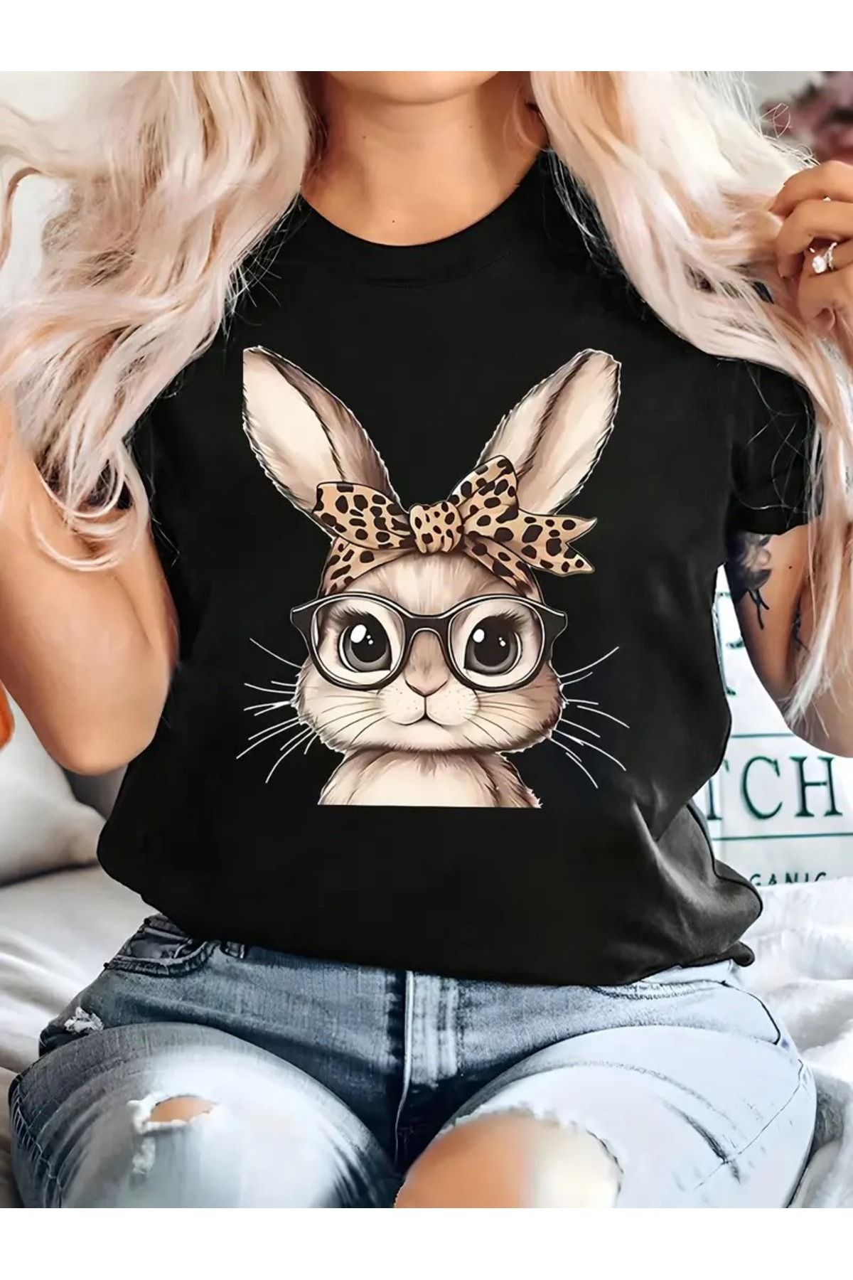 aynewmoda Gözlüklü Tavşanlar Grafik Baskılı Tişört - İlkbahar/Yaz Modası Rahat Yuvarlak Yaka Kısa Kollu