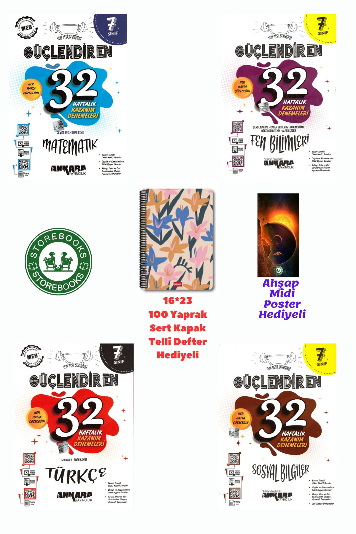 Ankara Yayıncılık 7. Sınıf Güçlendiren Mat+Fen+Türkçe+Sosyal 32 Haftalık Deneme Seti+Defter ve Ahşap Poster Hediyeli