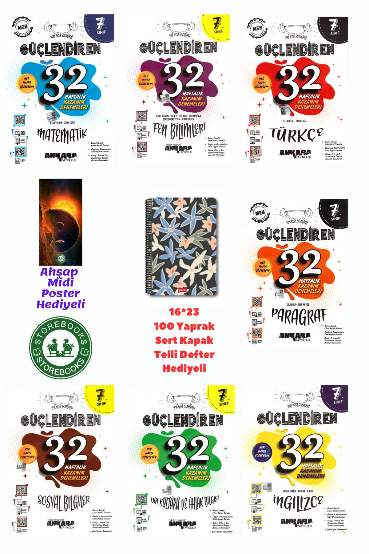 Ankara Yayıncılık 7. Sınıf Güçlendiren Süper Tüm Dersler 32 Haftalık Deneme Seti+Defter ve Ahşap Poster Hediyeli