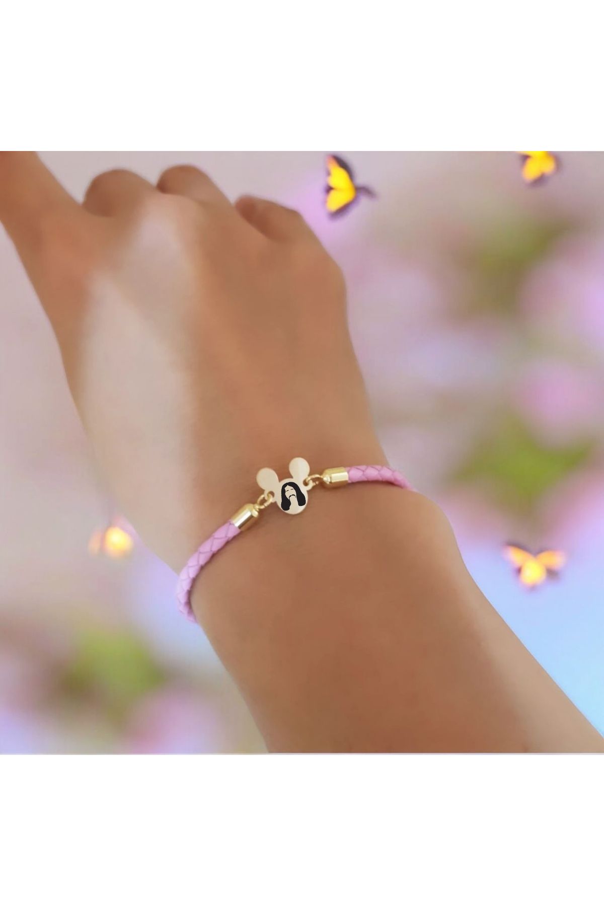 ARCHINO GOLD Derili 14 Ayar Altın Plakalı Bayanlara Özel Mickey Mouse'lu Bariş Manço Bilekliği-445sembol-pembe
