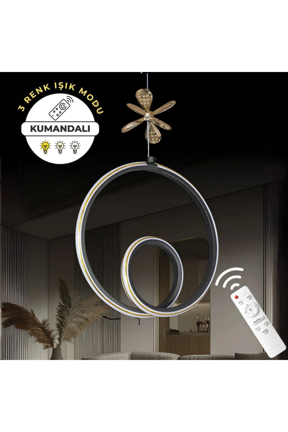 Elektroyou Yakamoz Siyah 3 Renk Kumandalı Gold Çizgili Kelebek Detaylı Sarkıt Ledli Dimmerli Avize