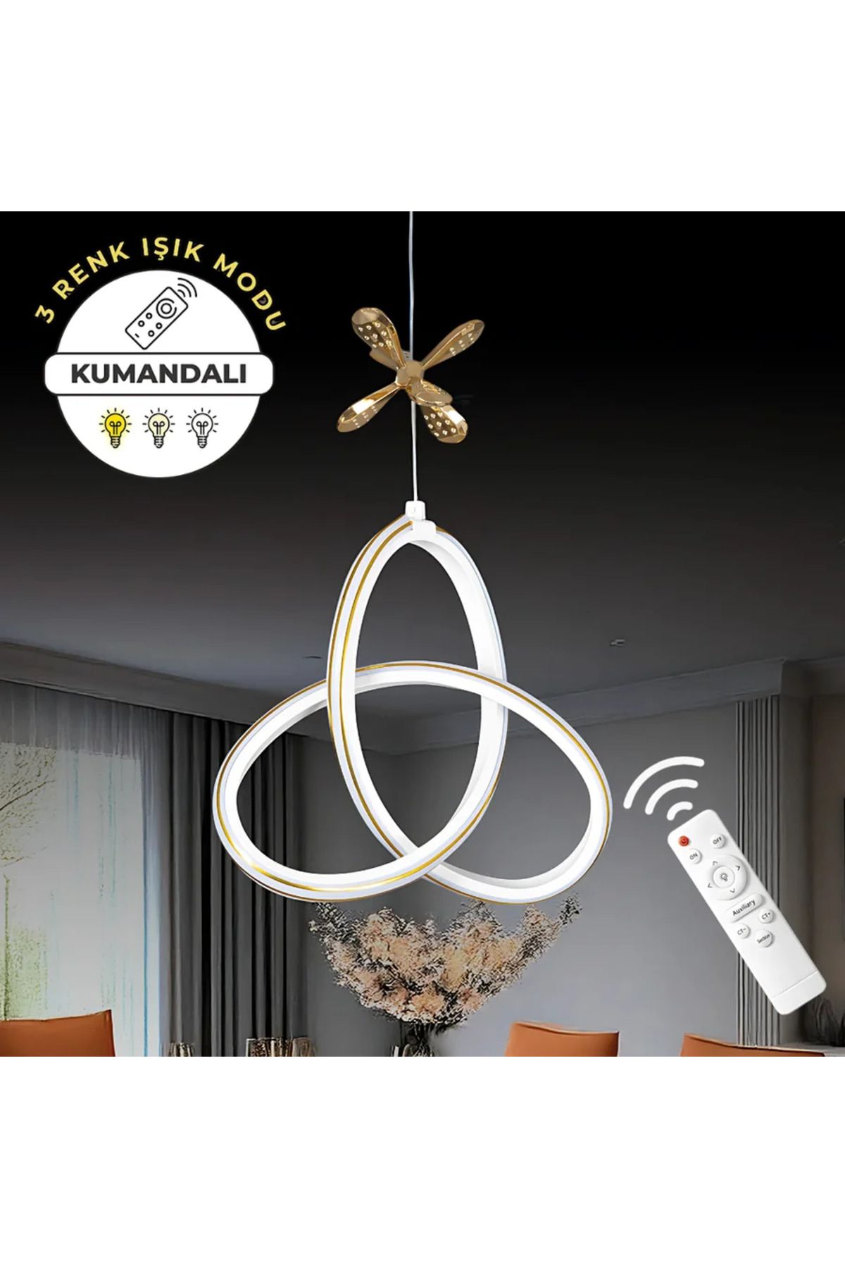 Elektroyou Yonca Beyaz Kumandalı 3 Renk Dimmerli LED Avize Gold Çizgili Gold Kelebek Dekorlu Sarkıt Avize
