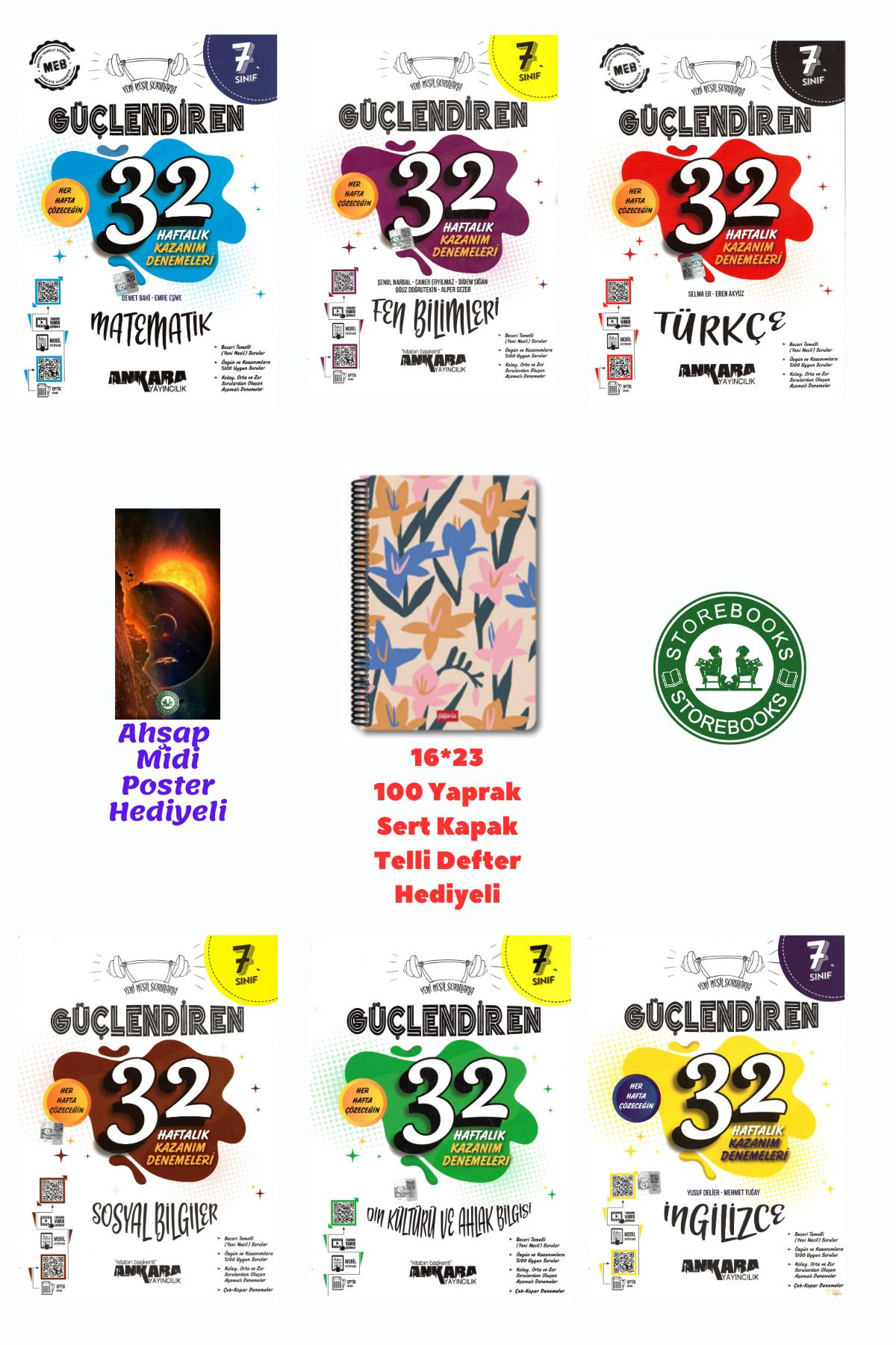 Ankara Yayıncılık 7. Sınıf Güçlendiren Tüm Dersler 32 Haftalık Deneme Seti+Defter ve Ahşap Poster Hediyeli