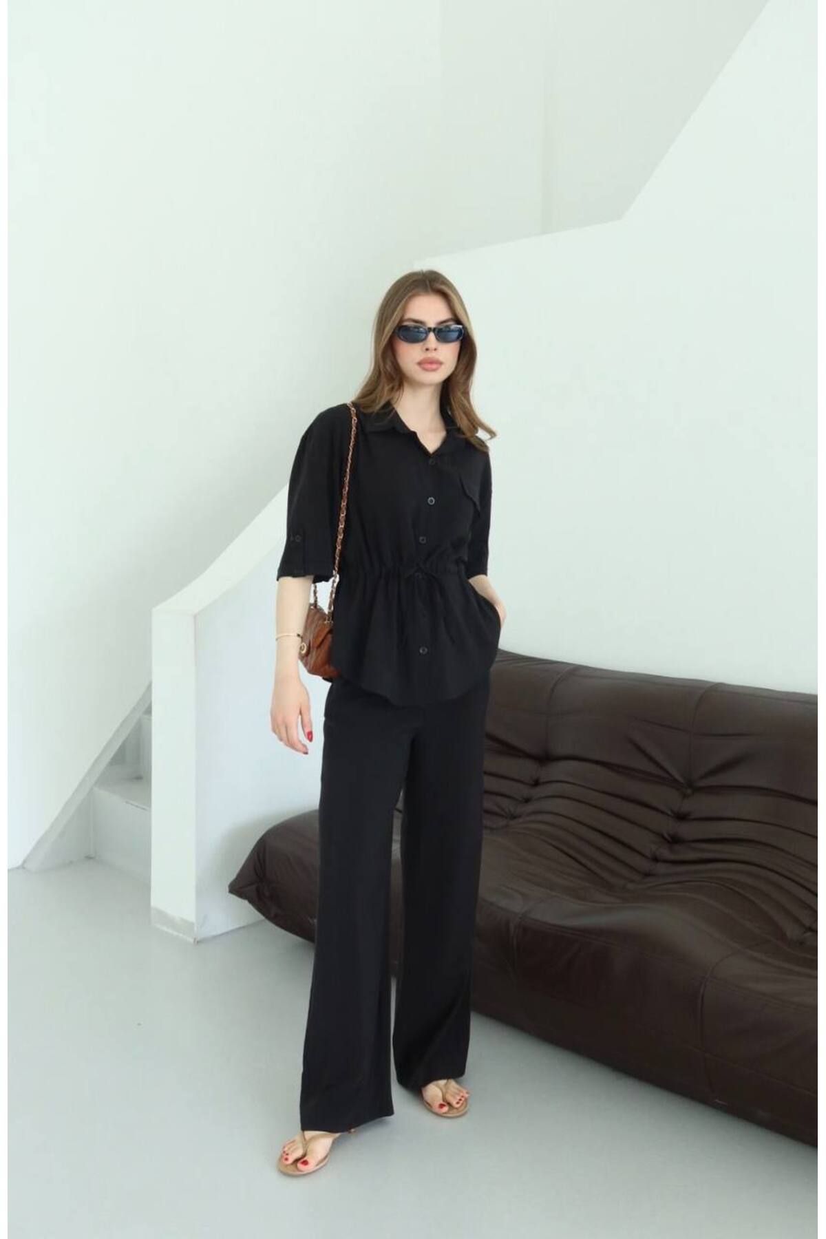 VESS MODA Kadın Kolu Kıvırmalı Beli büzgü bağlamalı yazlık gömlek pantolon ikili takım