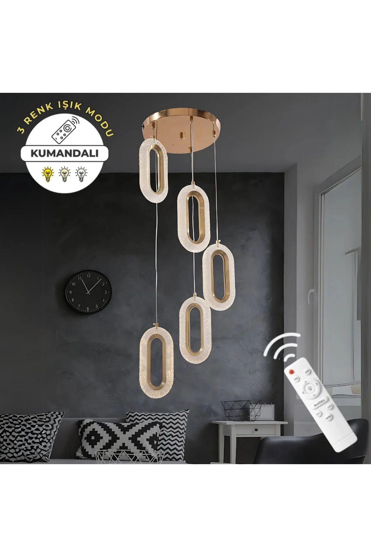 Elektroyou Helen Kristal Gold 5'li Lüks Kumandalı Dimmerli 3 Renk Ledli Modern Led Avize