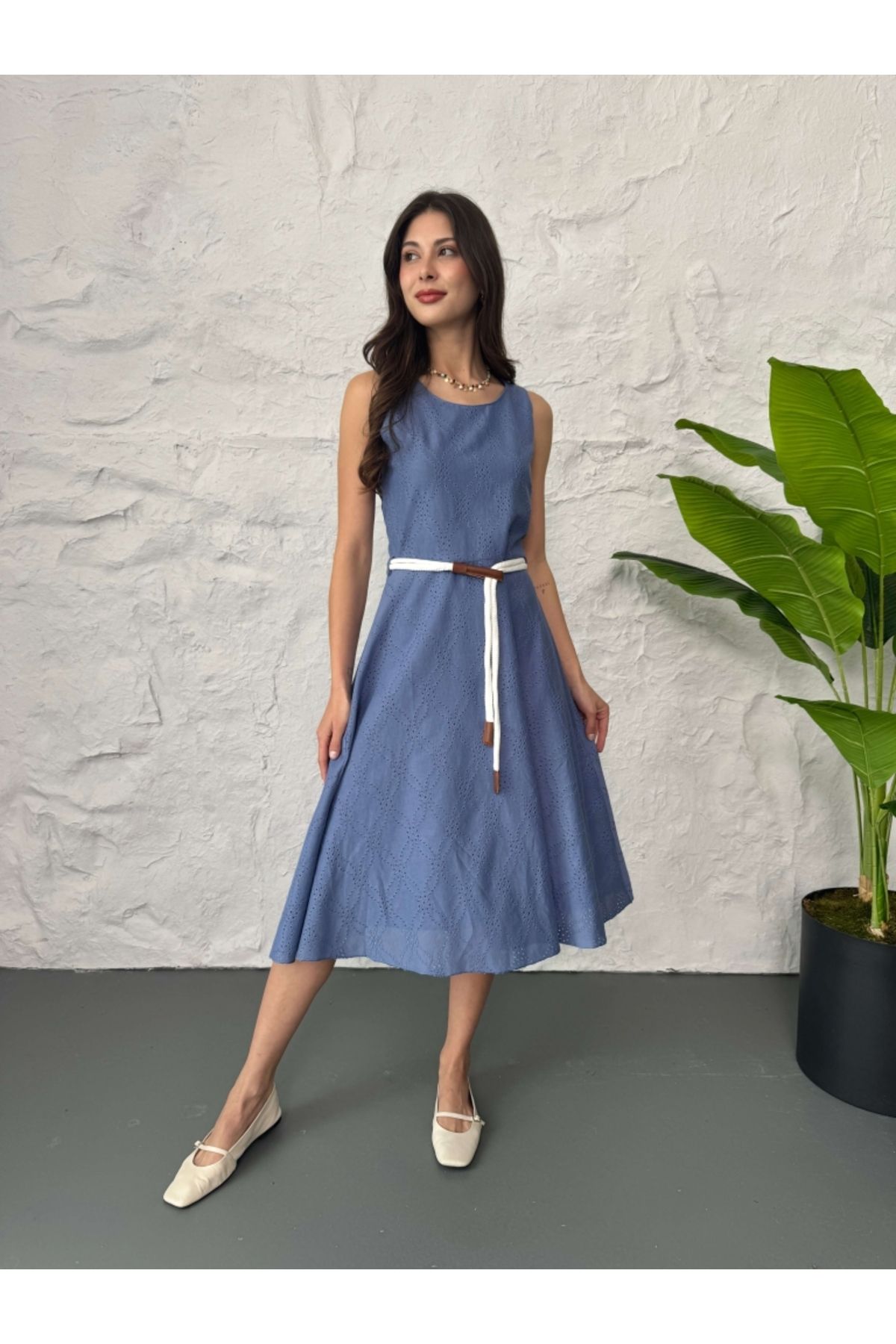 Elif Özbey Butik İndigo Kemerli Fisto Elbise