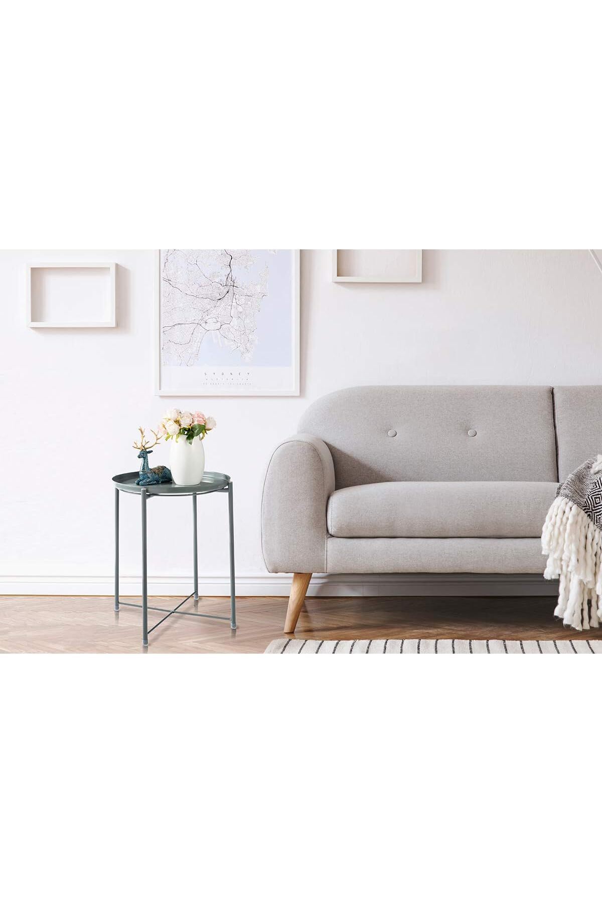 طاولة جانبية دائرية مقاومة للصدأ والماء، لون رمادي طاولة بجانب السرير لغرفة المعيشة وغرفة النوم