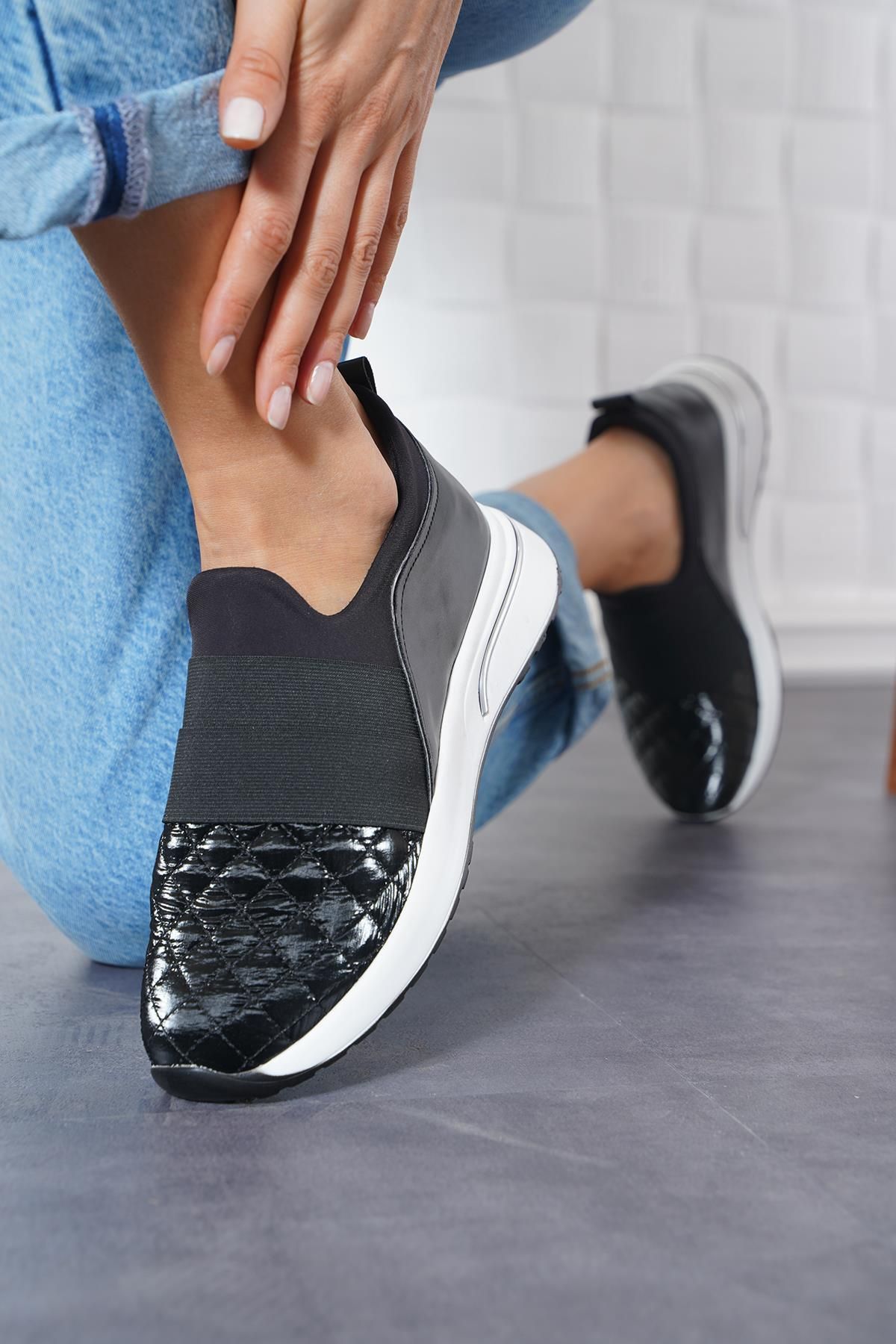 Moda Pie Nertye Capitone Geniş Lastikli Kadın Spor Ayakkabı Siyah