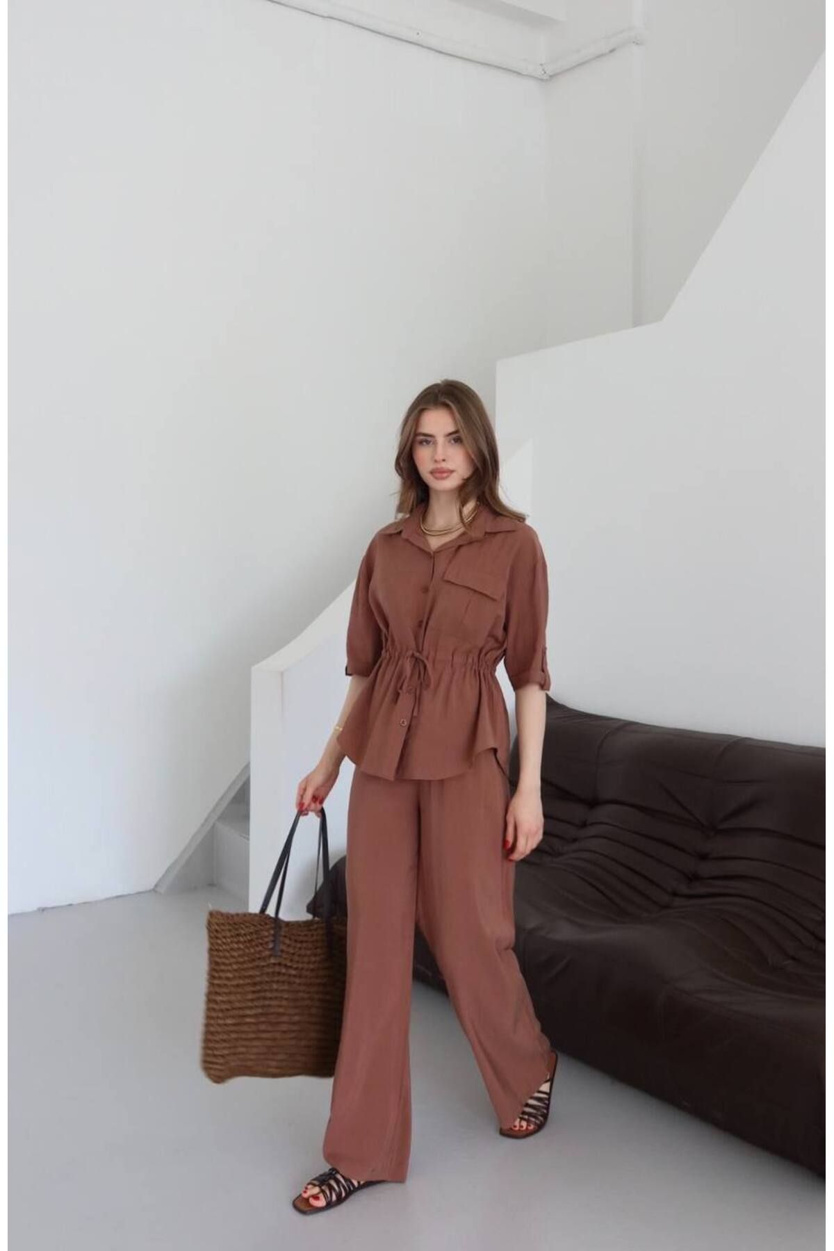 VESS MODA Kadın Kolu Kıvırmalı Beli büzgü bağlamalı yazlık gömlek pantolon ikili takım