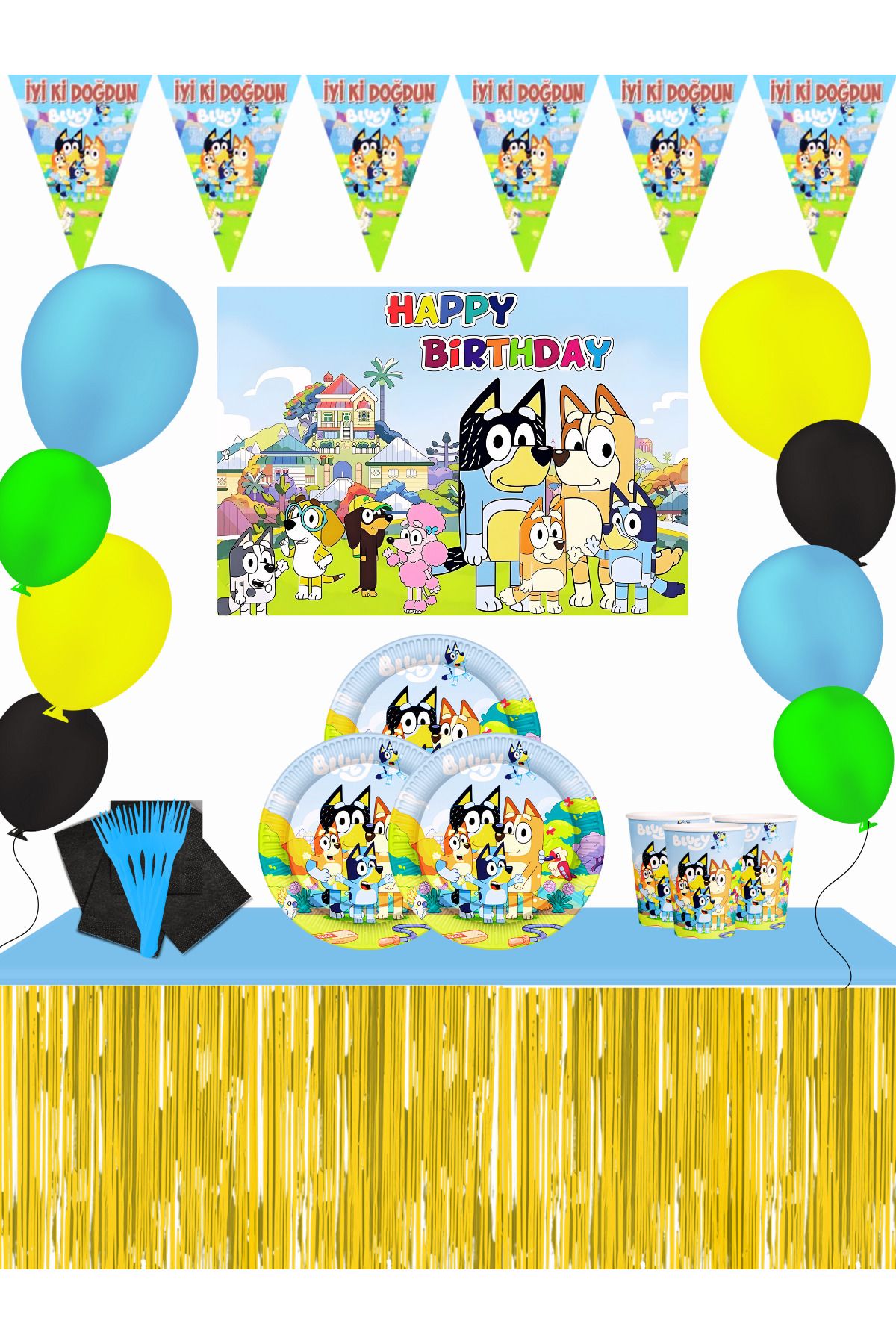 snowparty Bluey Afişli Metalize Masa Etekli Doğum Günü Parti Malzemeleri Süsleri Seti