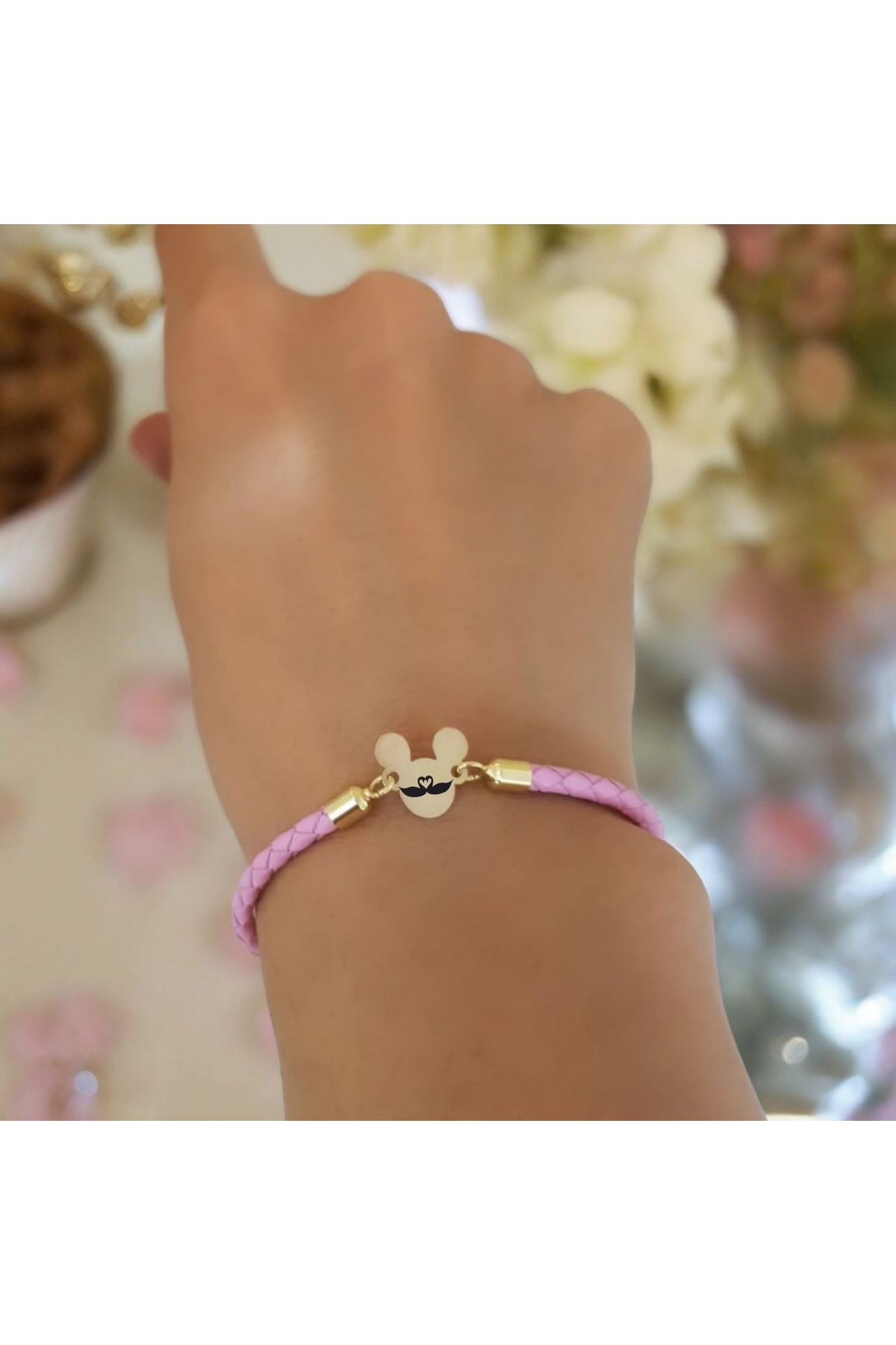 ARCHINO GOLD 14 Ayar Altın Plakalı Bayanlara Özel Mickey Mouse'lu Doğal Derili Kuğu Bilekliği-445sembol-pembe