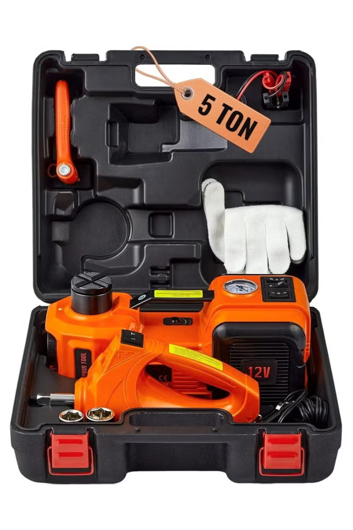 رافعة سيارة سعة 5 أطنان مع ضاغط هواء مدمج، مفتاح ربط كهربائي، أدوات سيارة مزودة بإضاءة LED، آمنة