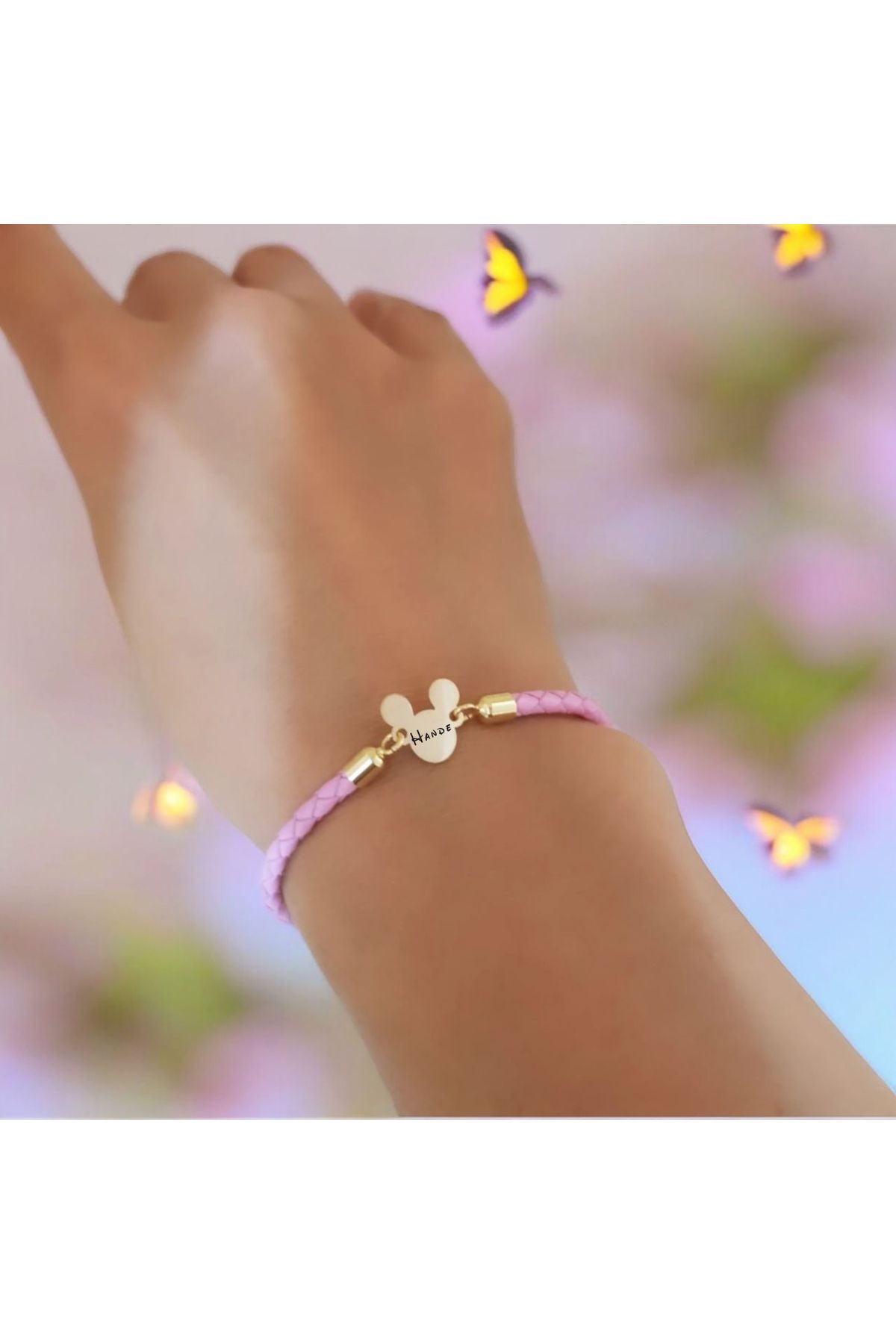 ARCHINO GOLD Mickey Mouse'lu 14 Ayar Altın Plakalı Doğal Derili Hande Yazılı Hediye Bilekliği-445isim-pembe