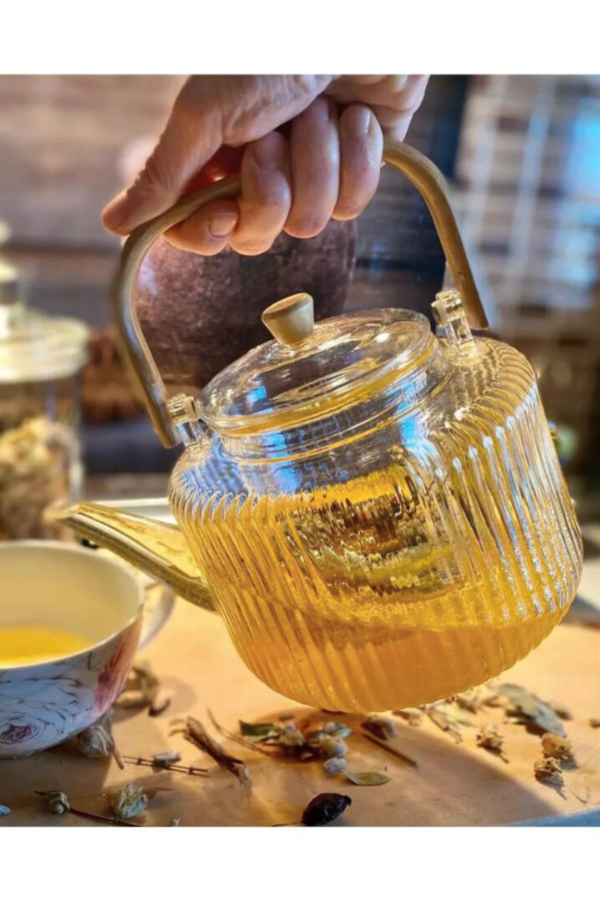 PERLAEVKAHVE Bambu Saplı Cam Süzgeçli Demlik 1L