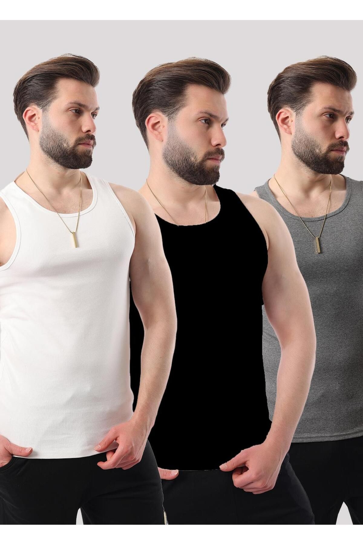 Miron Siyah Beyaz Antrasit Erkek Ribana Üçlü Paket Pamuklu Likralı & Atlet- 2517