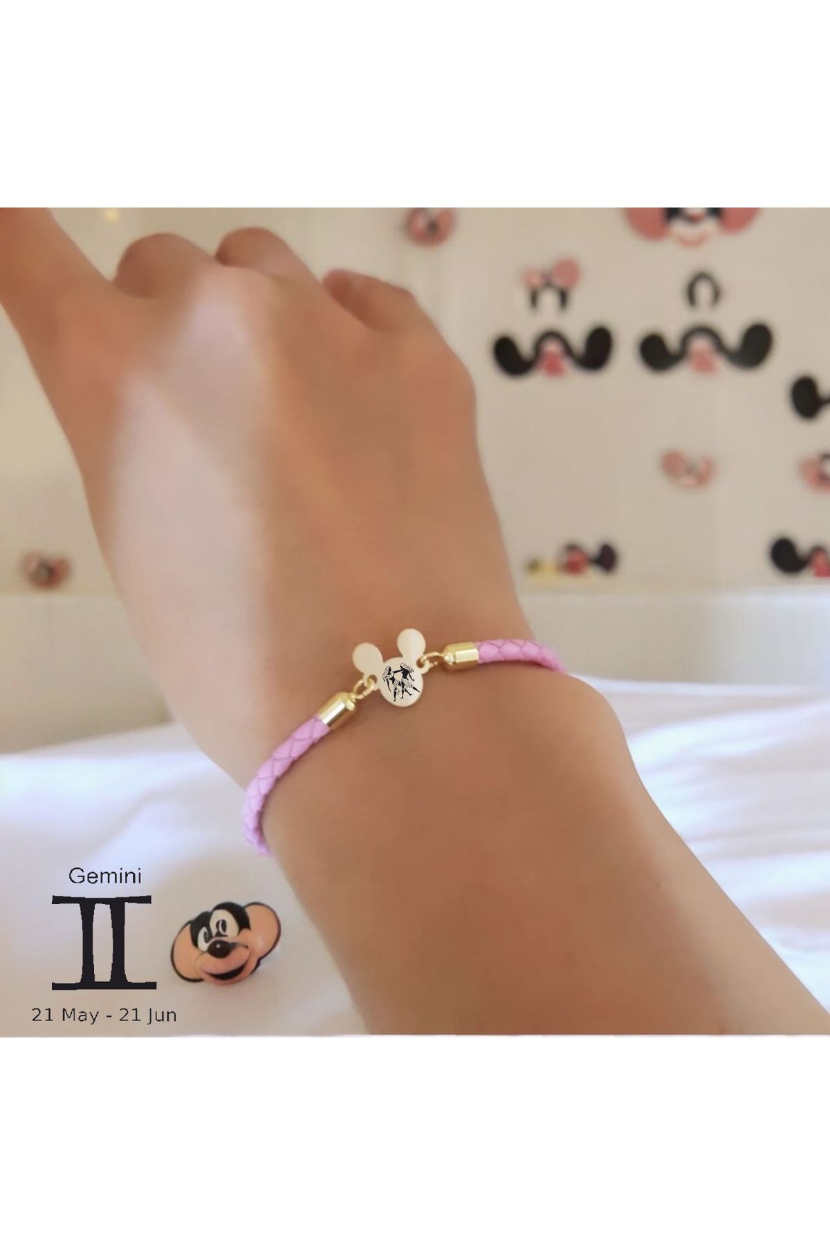 ARCHINO GOLD 14 Ayar Altın Mickey Mouse'lu Hakiki Derili Plakalı Bayanlara İkizler Burcu Bilekliği-445burç-pembe