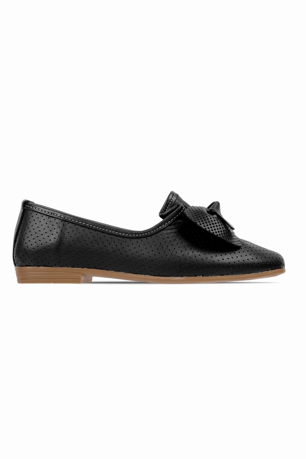 Lal Shoes & Bags Minks Kadın Hakiki Deri Delik Detaylı Kurdeleli Babet Ayakkabı-siyah