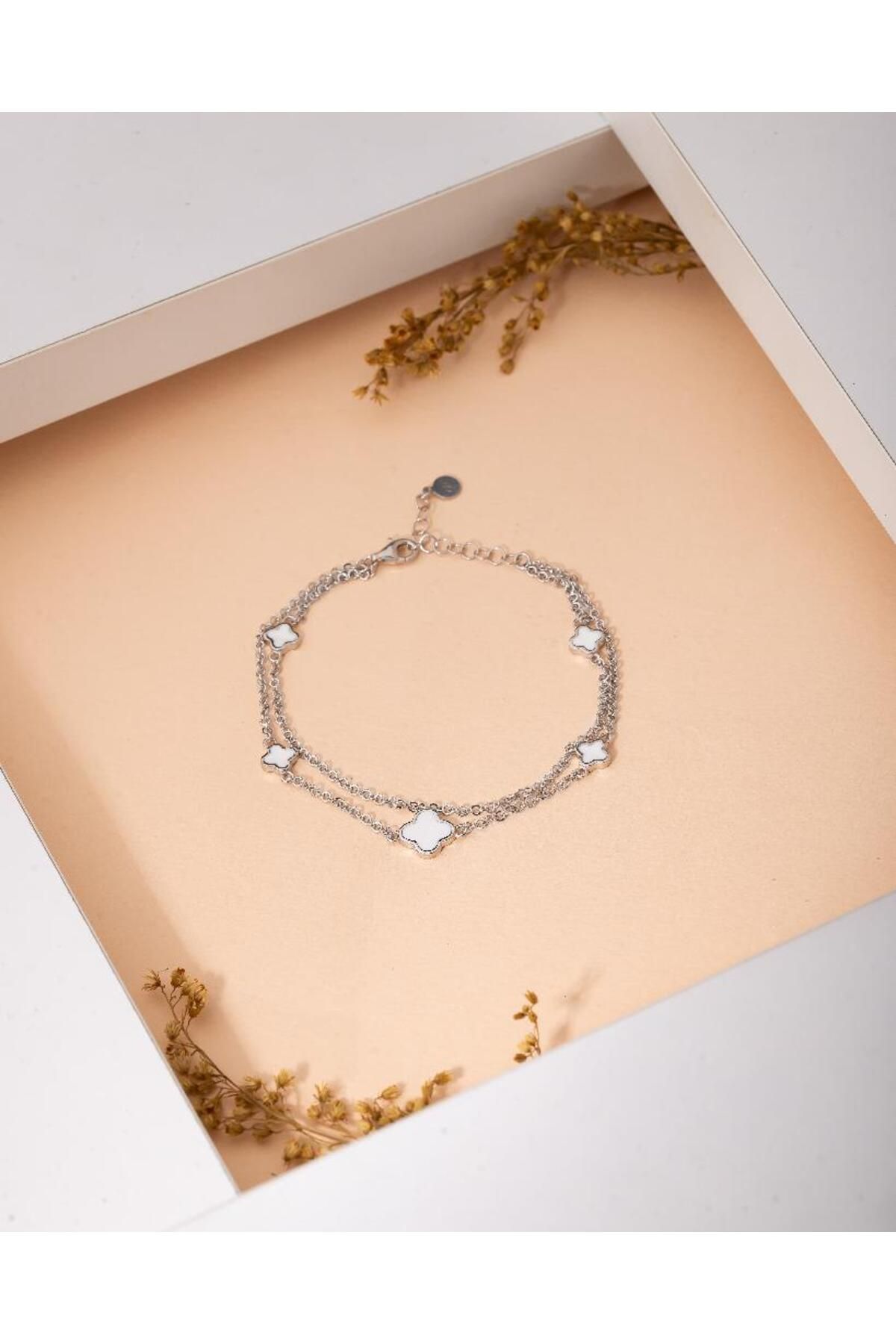 Roza Silver 925 Ayar Rodyum Beyaz Mineli İki Sıralı Yonca Charm Gümüş Bileklik