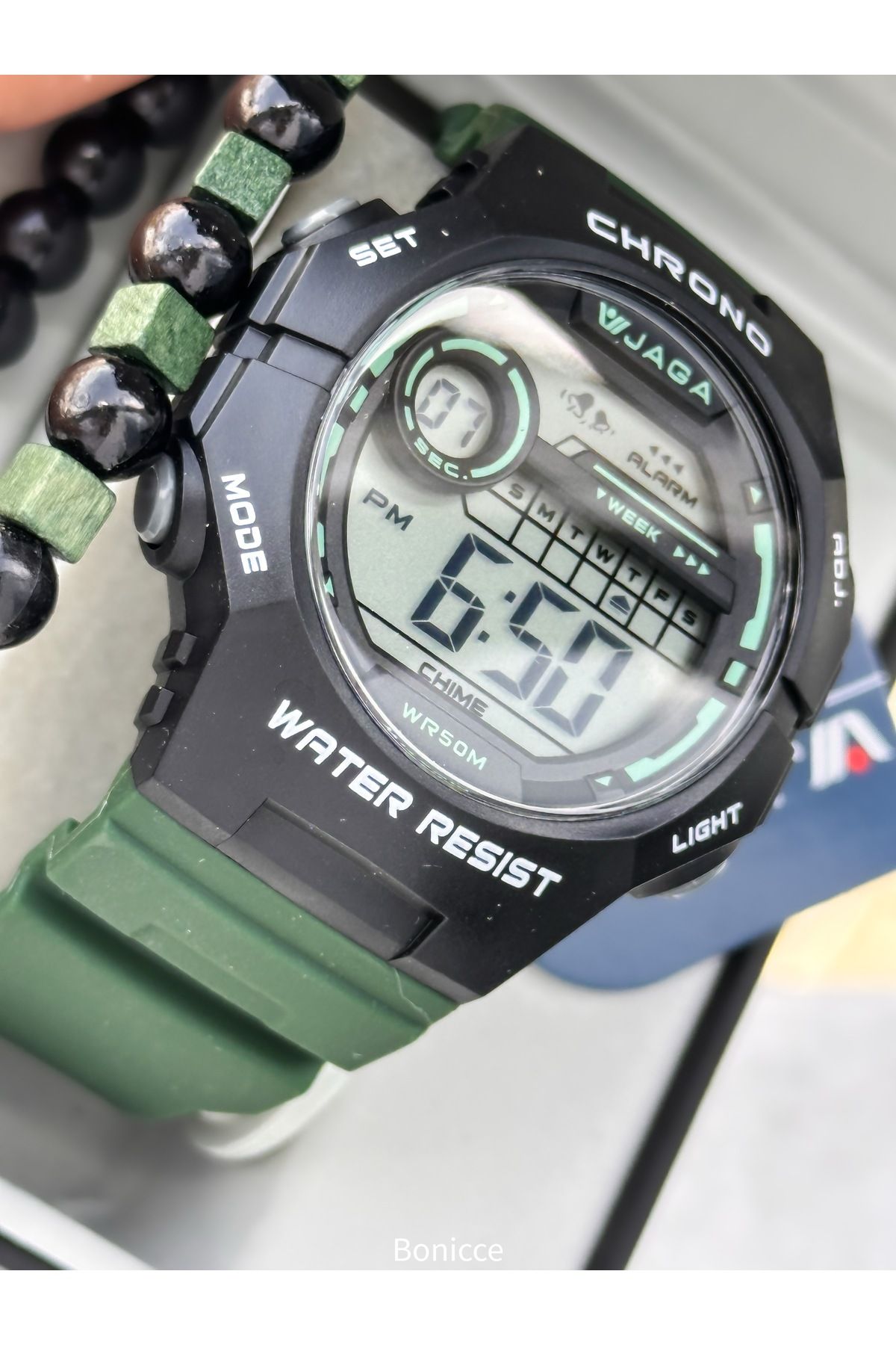 Jaga 45MM Havuz Deniz Kullanım,Işıklı,Takvimli,Kronometreli Yeşil Silikon Dijital SPOR Erkek Kol Saati