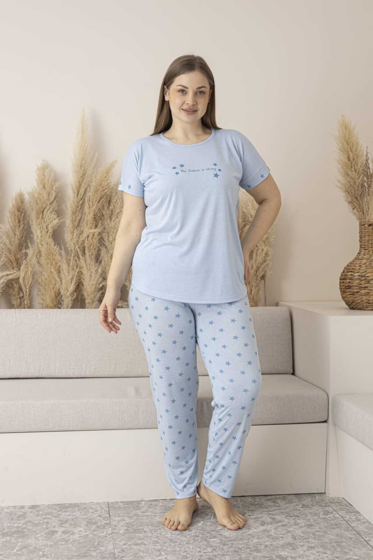Lio20 Kadın Viskon Yıldız Desenli Kısa Kol Pijama Takımı-Battal-Mavi