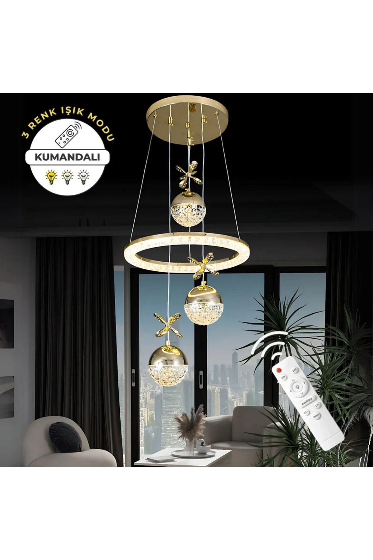 Elektroyou Clarity Gold Lüks Kumandalı Dimmerli 3 Renk Ledli Avize