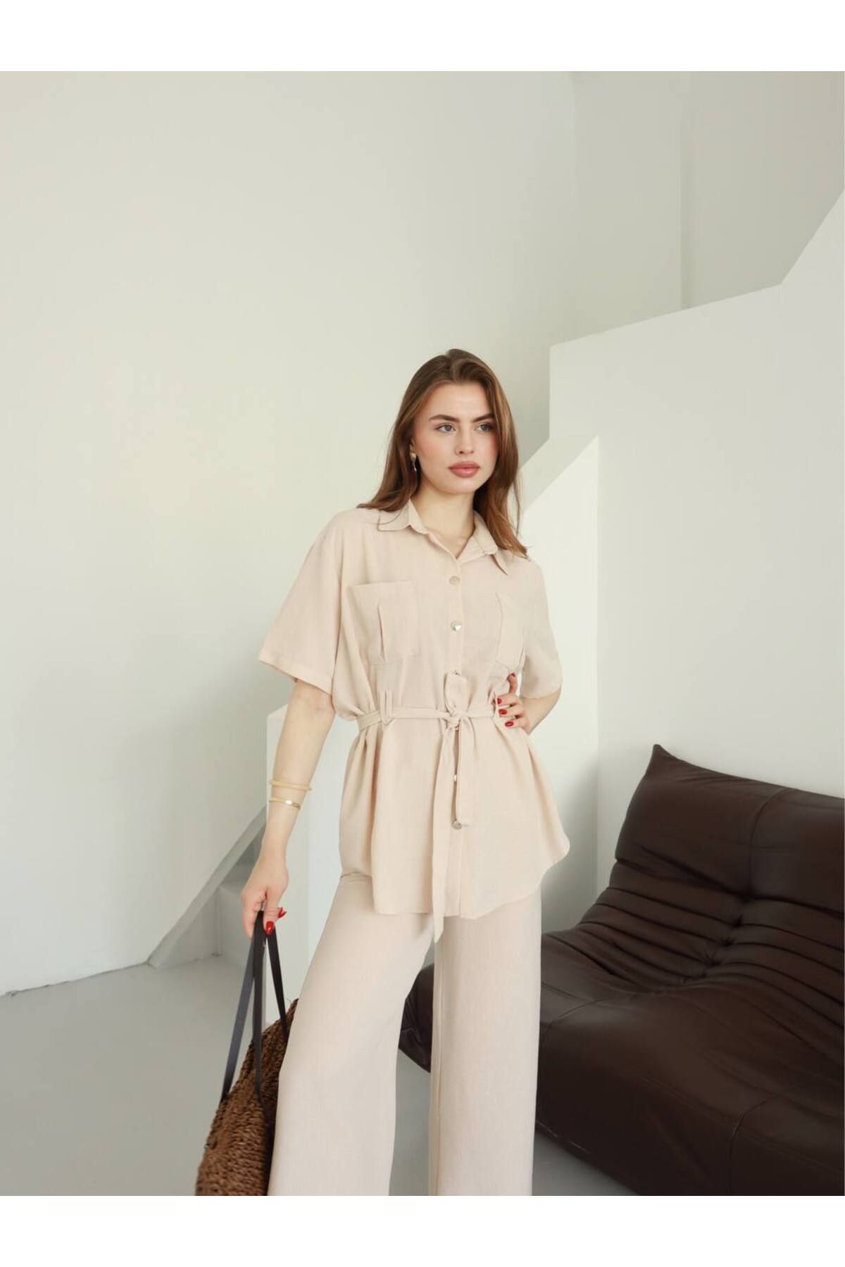 VESS MODA Kadın Beli kuşak bağlamalı Düğme detaylı gömlek pantolon ikili takım
