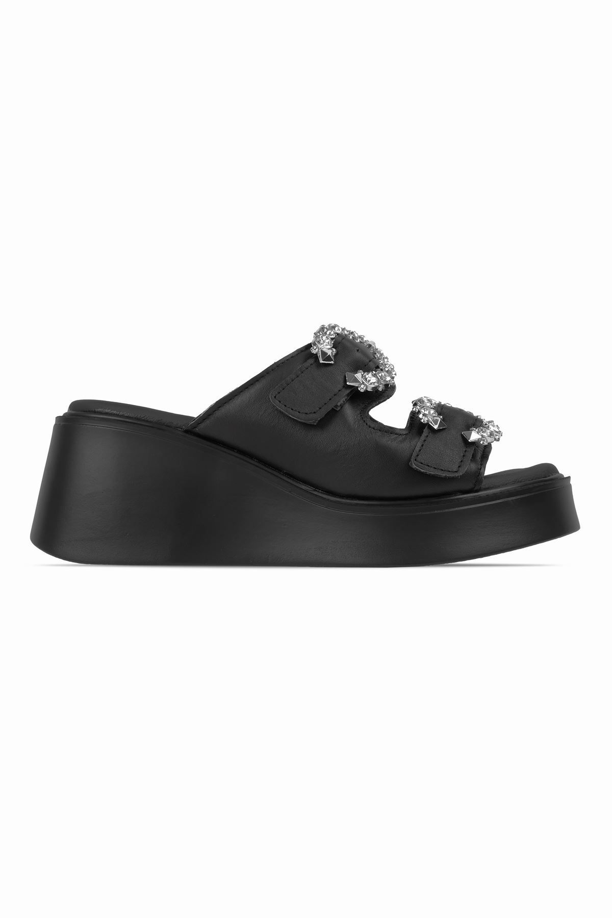 Lal Shoes & Bags Sebari Kadın Hakiki Deri Taş Toka Detaylı Dolgu Topuklu Terlik-siyah