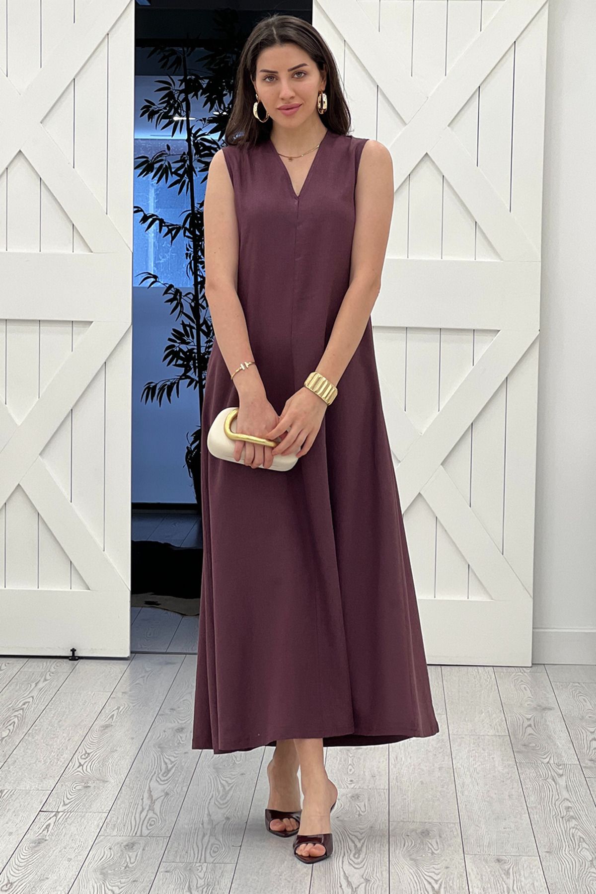 Act Pepicino Kids&Boutique Mürdüm V Yaka Maxi Boy Keten Elbise 2770