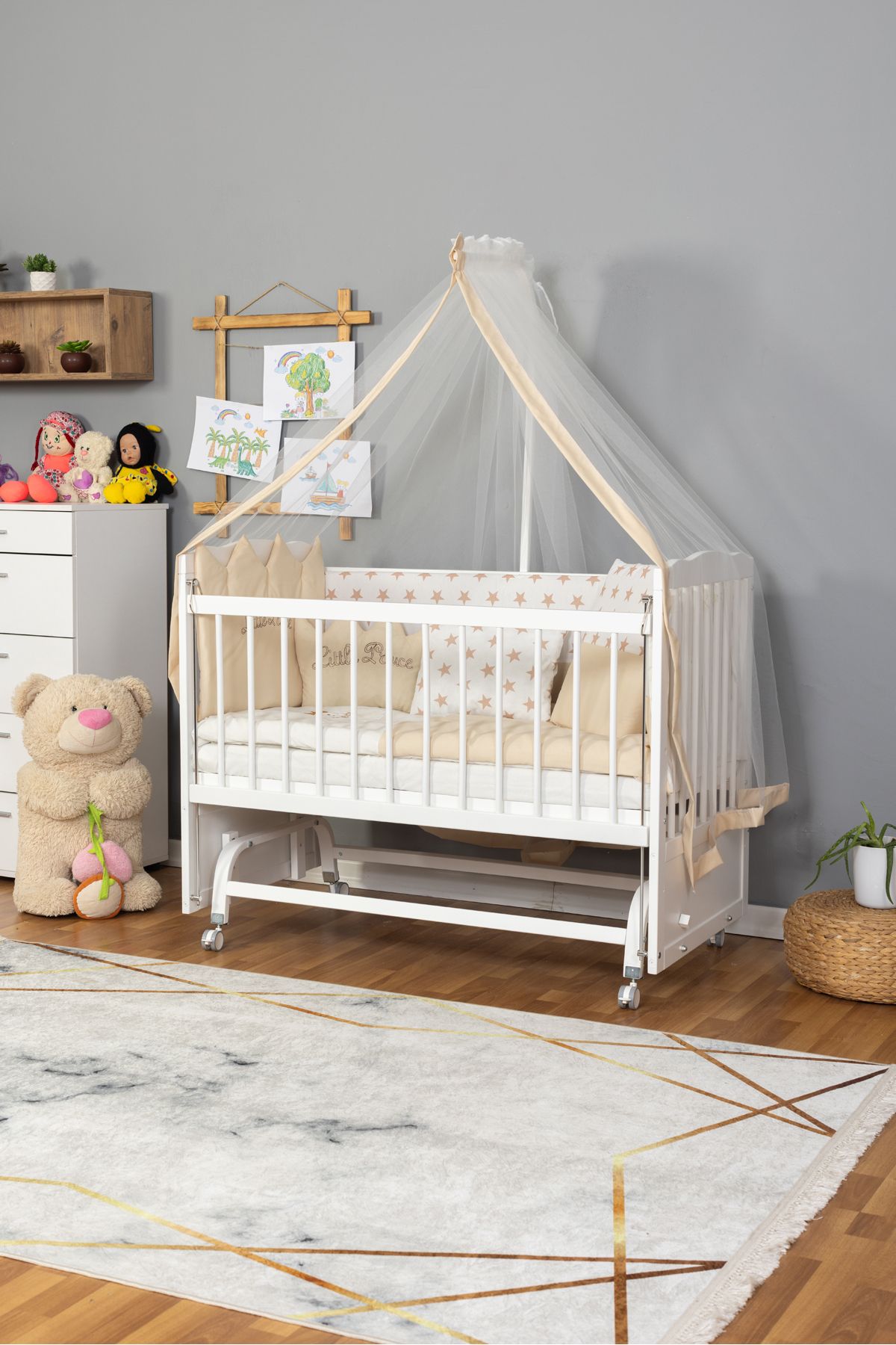 Carino Wins Tutku BEYAZ Bebek Beşiği Ahşap Beşik Anne Yanı Yeni Doğan KREM NAKIŞ ERKEK UYKU SETLİ +TEKERLEKLİ