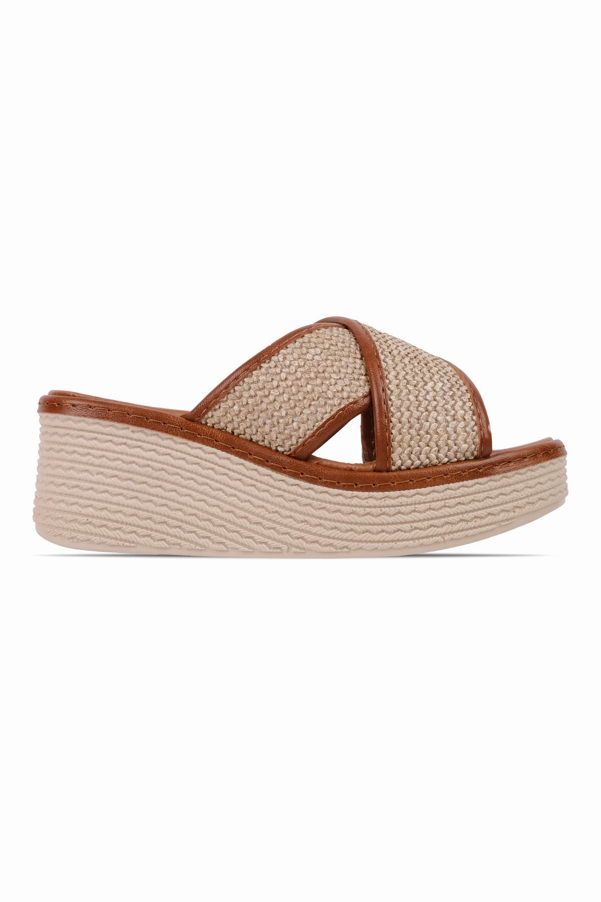 Lal Shoes & Bags Haris Kadın Çapraz Geçmeli Hasır Dolgu Topuklu Terlik-Taba