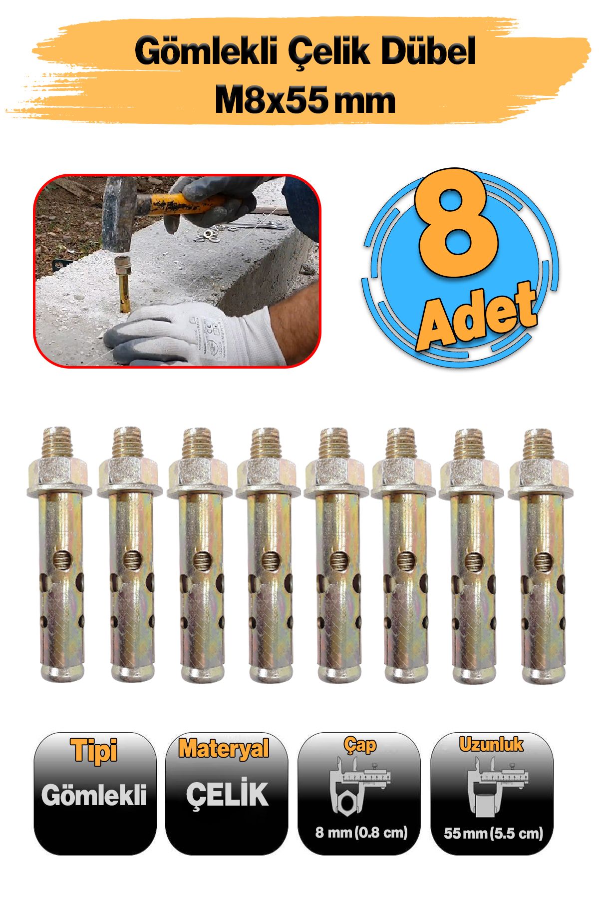 Badem10 Gömlekli (8 Adet) Çakma Çelik Dübel M8x55 mm Tavan Beton Asma Aparat Raf Montaj Bağlantı Zemin Monte