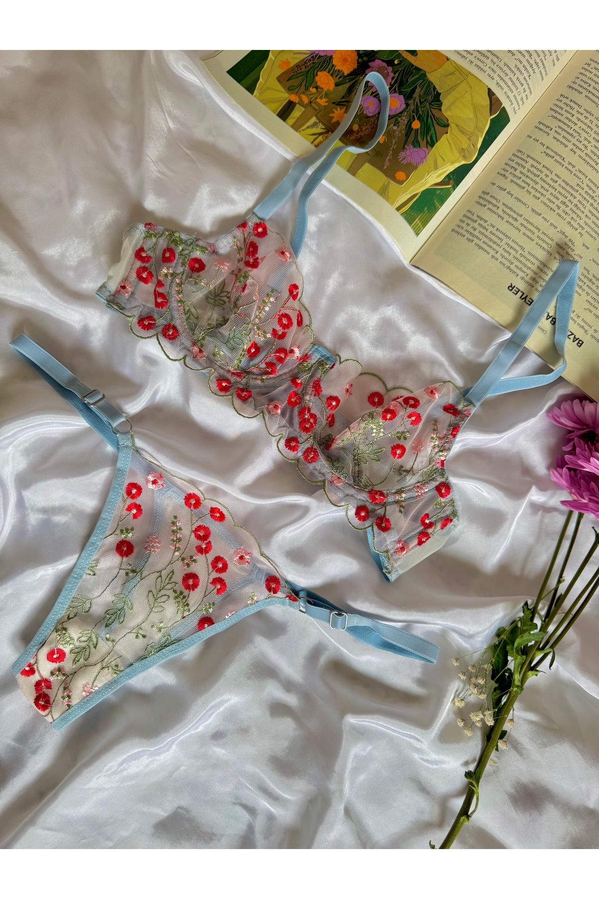 miel lingerie Dantelli Mavi Bralet Takımı - Rahat Esnek Balenli Sütyen Tanga Takım