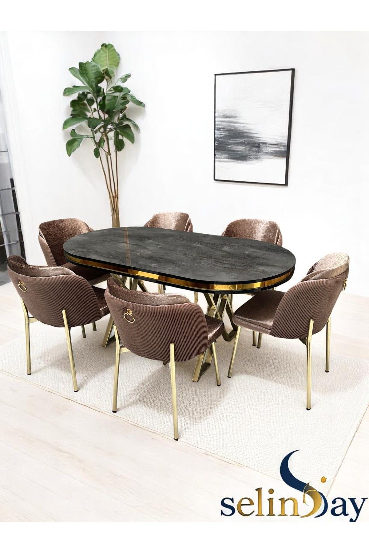 Selin Ay Desıgn 6 Kişilik Elysia Gold Line Masa Takımı BabyFace Kumaş MDF Lak Panel Masa